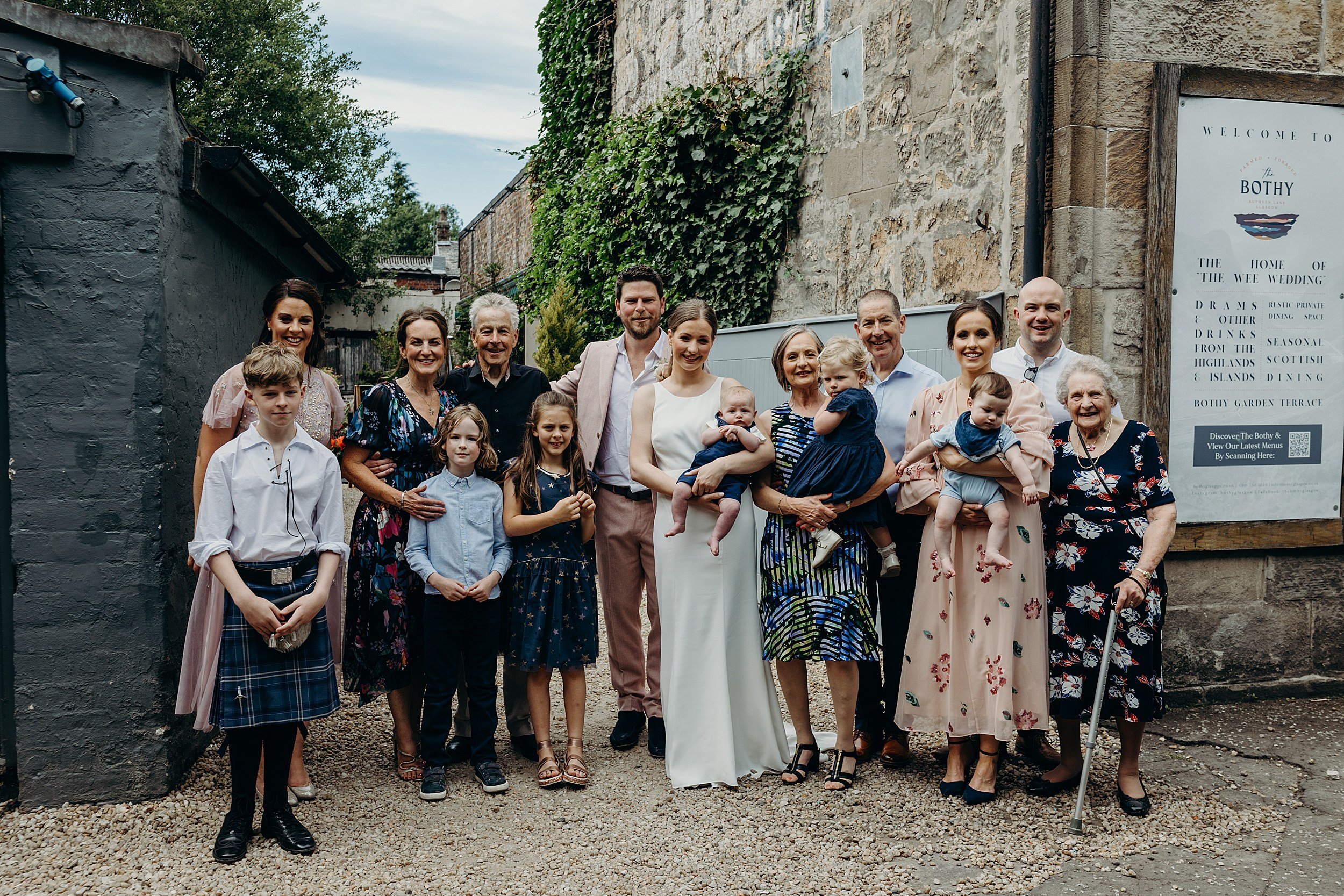 family group shot after mini wedding at the bothy glasgow in the west end