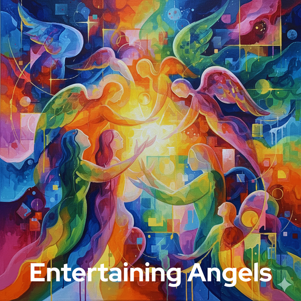 Colorful abstract painting of multiple angels with wings, reaching towards a bright central light, surrounded by vibrant shapes and patterns.