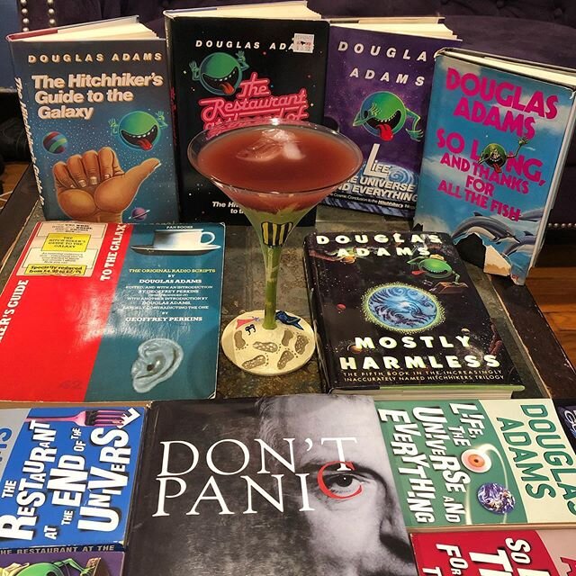 Tonight&rsquo;s #quarantinecocktail is a pan galactic gargle blaster in honor of Douglas Addams and Towel day. It is comprised of vodka, absinth, chartreuse, Creme de cassis, orange juice, and topped with hard cider. #towelday #douglasadams #pangalac