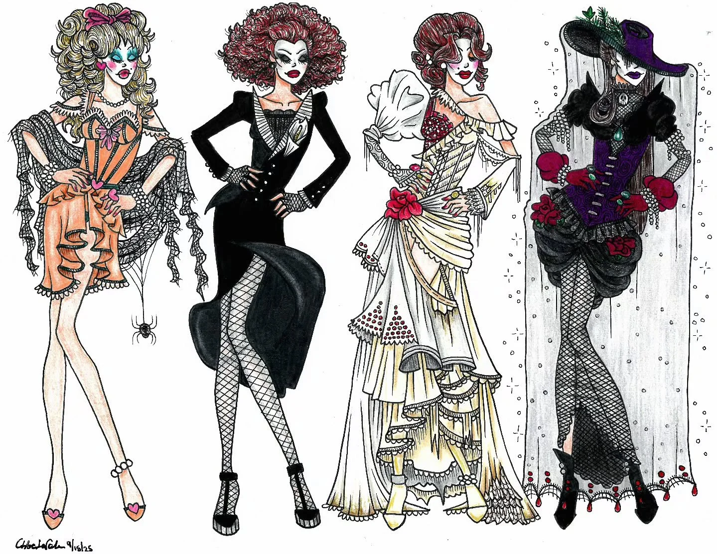 After a months-long art hiatus, I finally dove back into the fashion riptide last night by creating some pieces for an imagined stage performance of a current poetry project I am working on.
The speaker of the piece transitions through 4 distinct pe