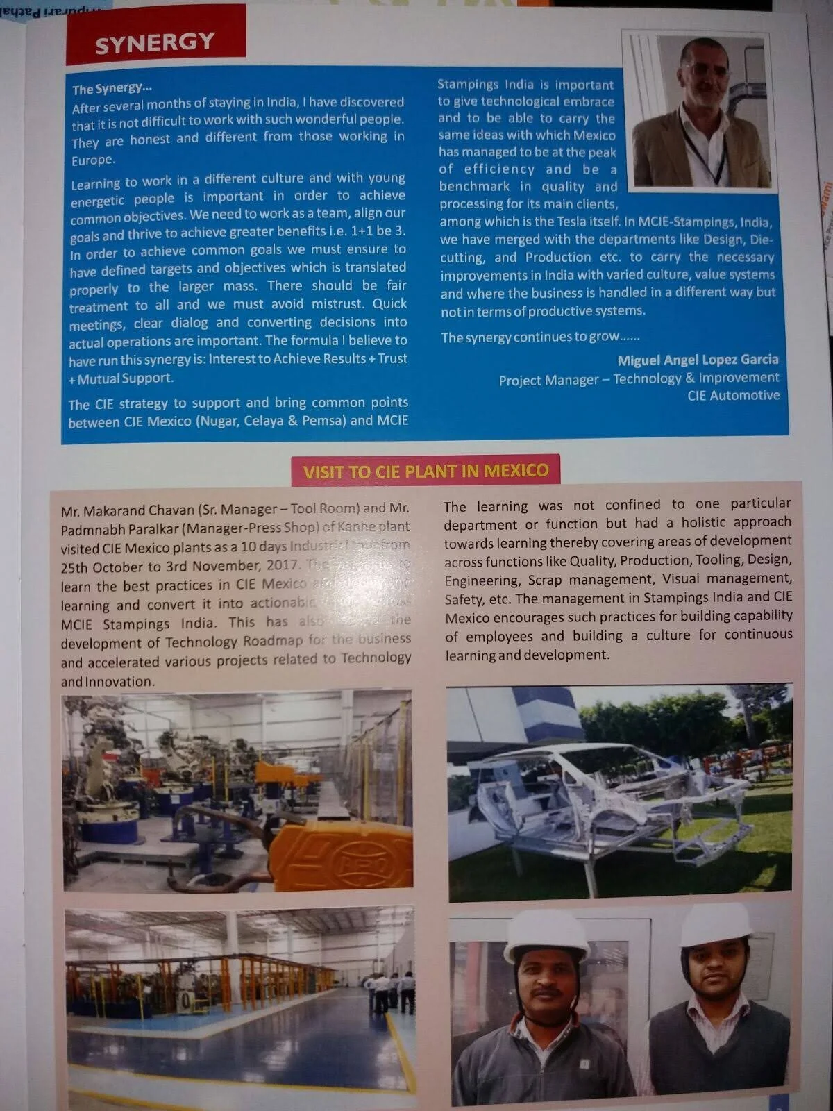 Mahindra CIE AUTOMOTIVE Newsletter: Collaborative actions / Synergy Travels to push the company culture for Efficience and good practises in Productive methods.