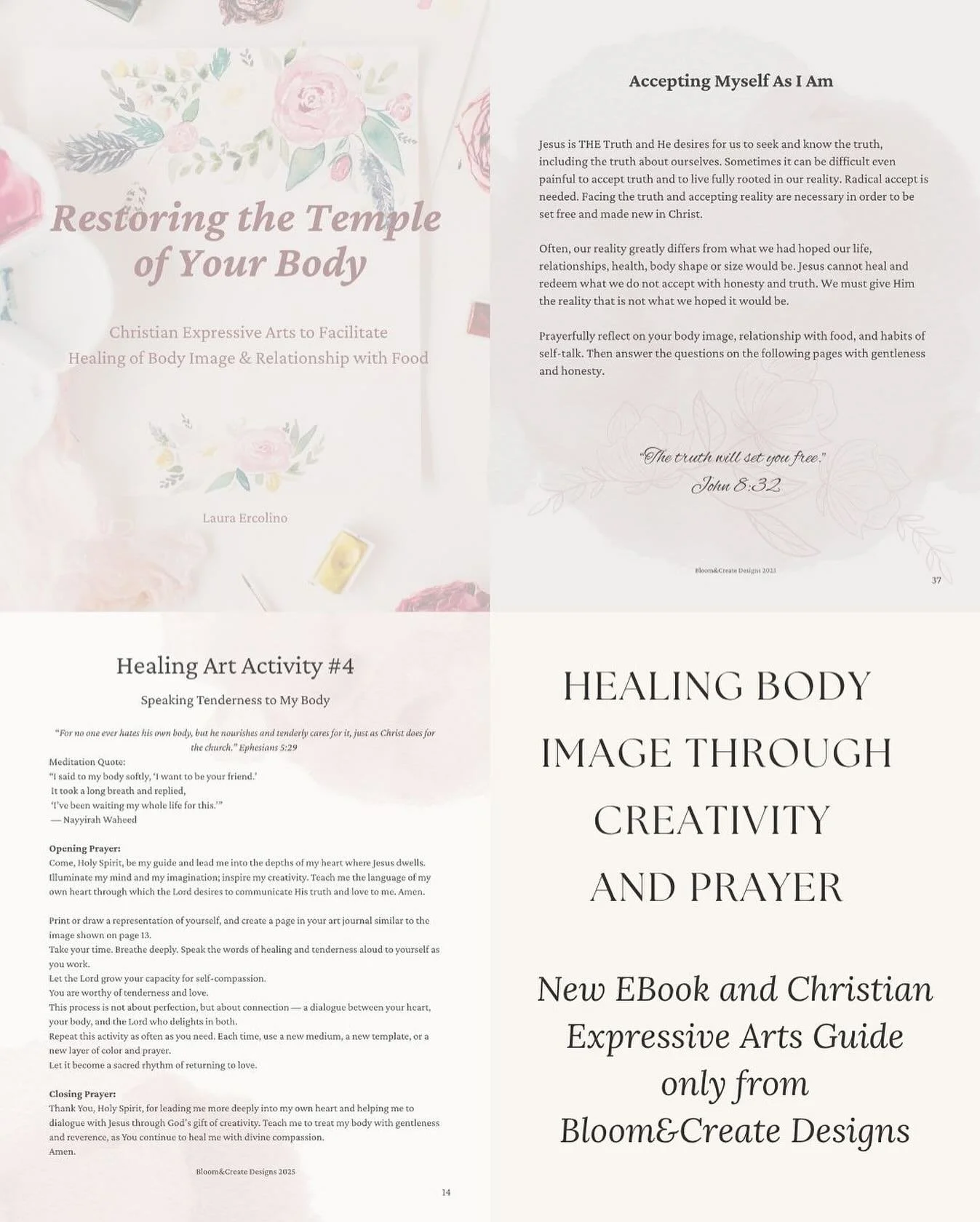 Restoring the Temple of Your Body invites you to meet God within the temple of your own heart where He dwells and allow Him to restore your relationship with your body and with food.

This guide to using therapeutic skills, journaling, and creativity