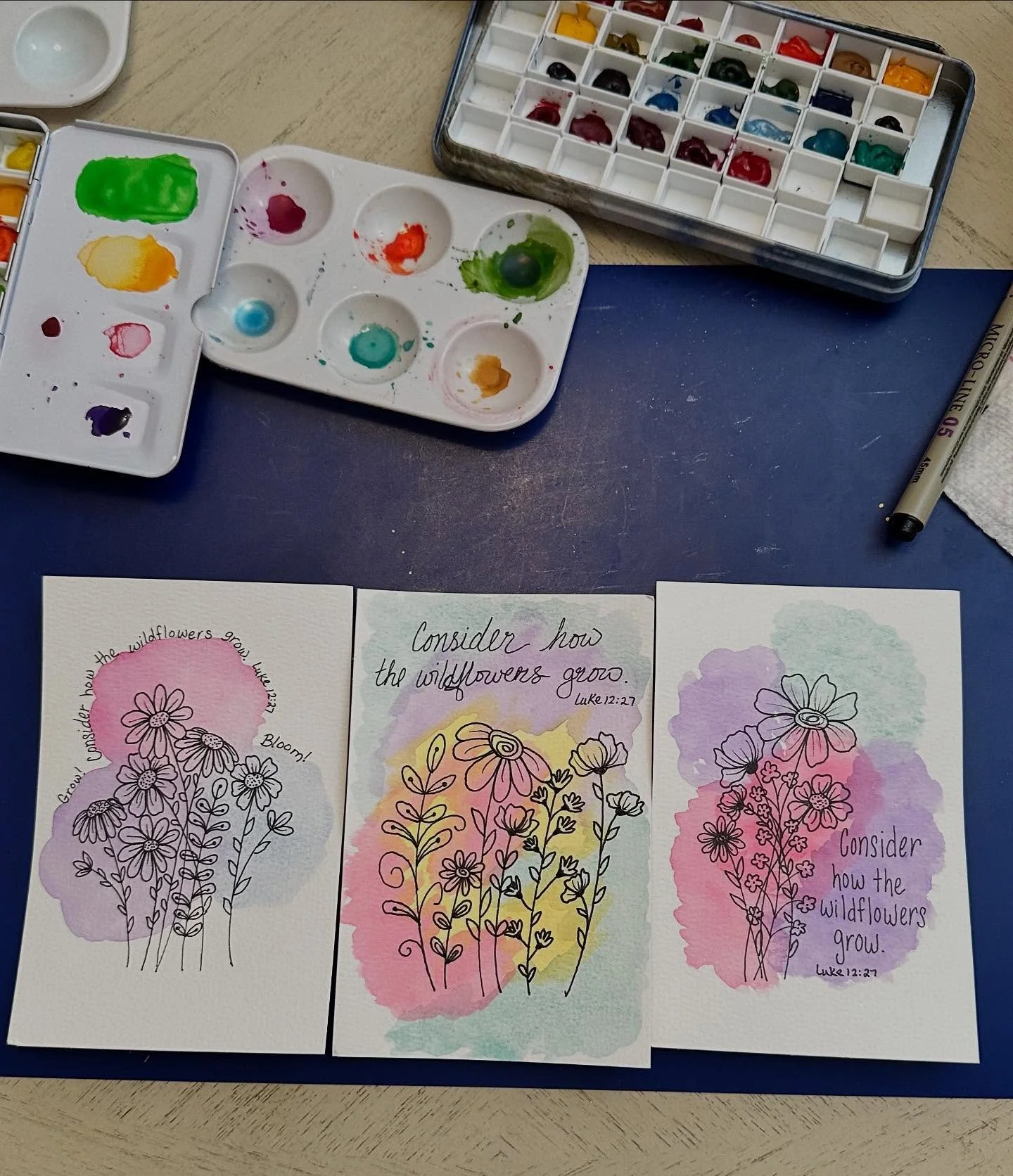 Every other Friday night, I have to do an at-home infusion that takes about 3 hours. So for those 3 hours I have to be rather still. Tonight, I decided to play with watercolors. As I experimented, my mind drifted to the verse in Luke about the wildfl