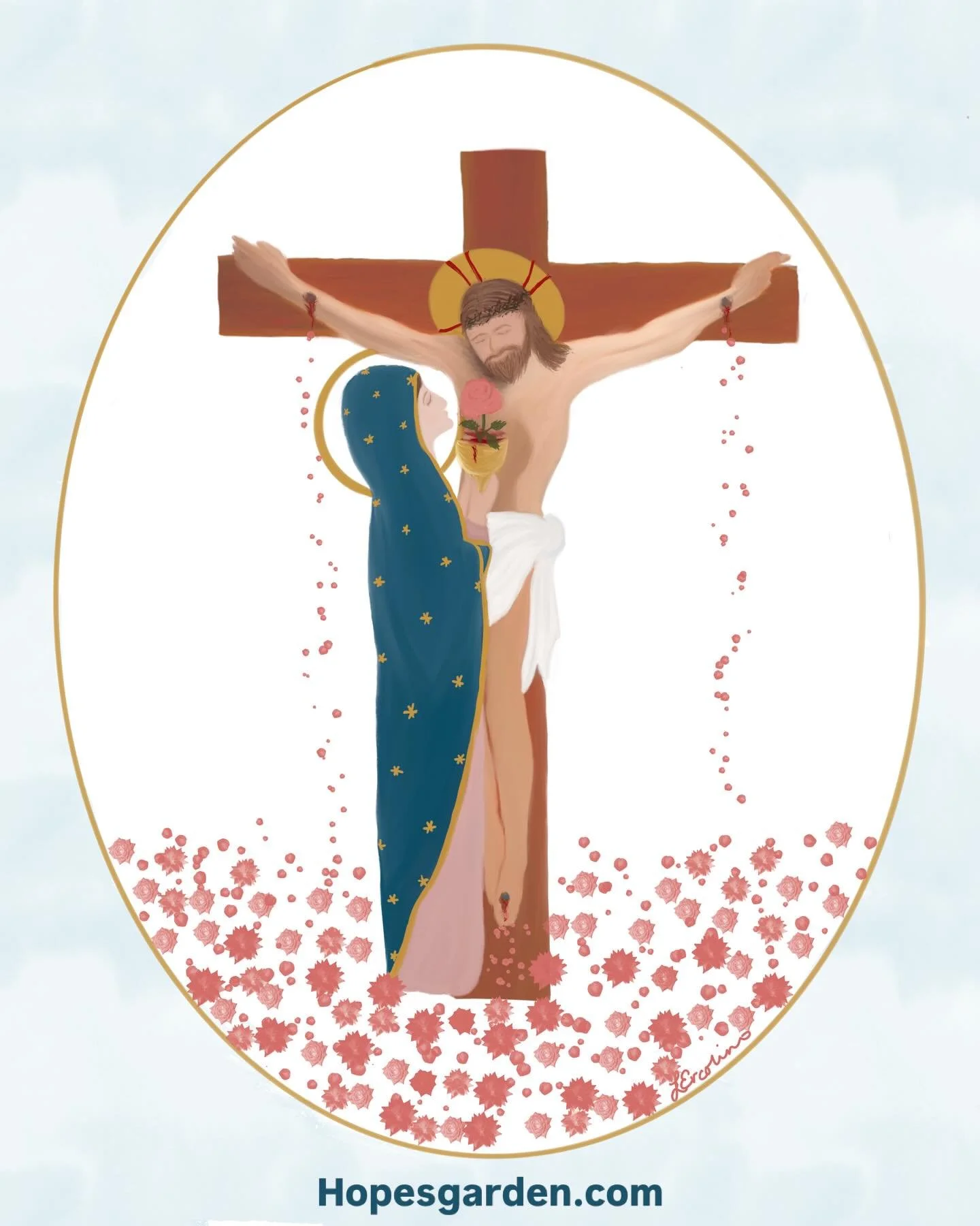 Love blooms at the foot of Jesus&rsquo; Cross. 

I drew this image of Our Lady at the foot of the Cross for my ministry at Hope&rsquo;s Garden.

Hope&rsquo;s Garden is the sanctuary in which the love of Christ the Bridegroom heals hearts, marriages, 