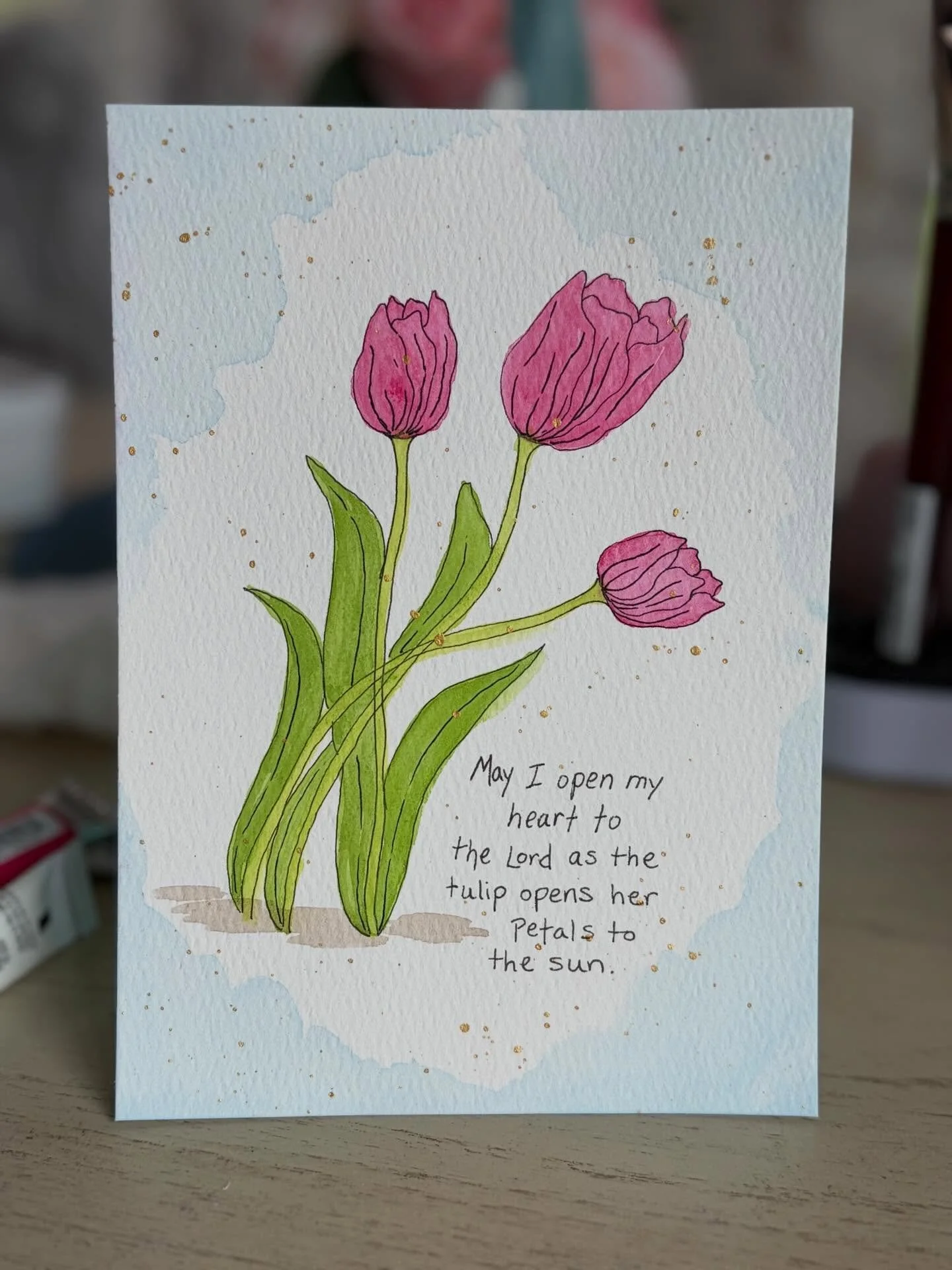 The tulip symbolizes Mary&rsquo;s receptivity to God&rsquo;s love. I have been reflecting on the feminine gift of receptivity as I sketch and watercolor tulips. Here&rsquo;s tonight&rsquo;s pink tulips 🌷