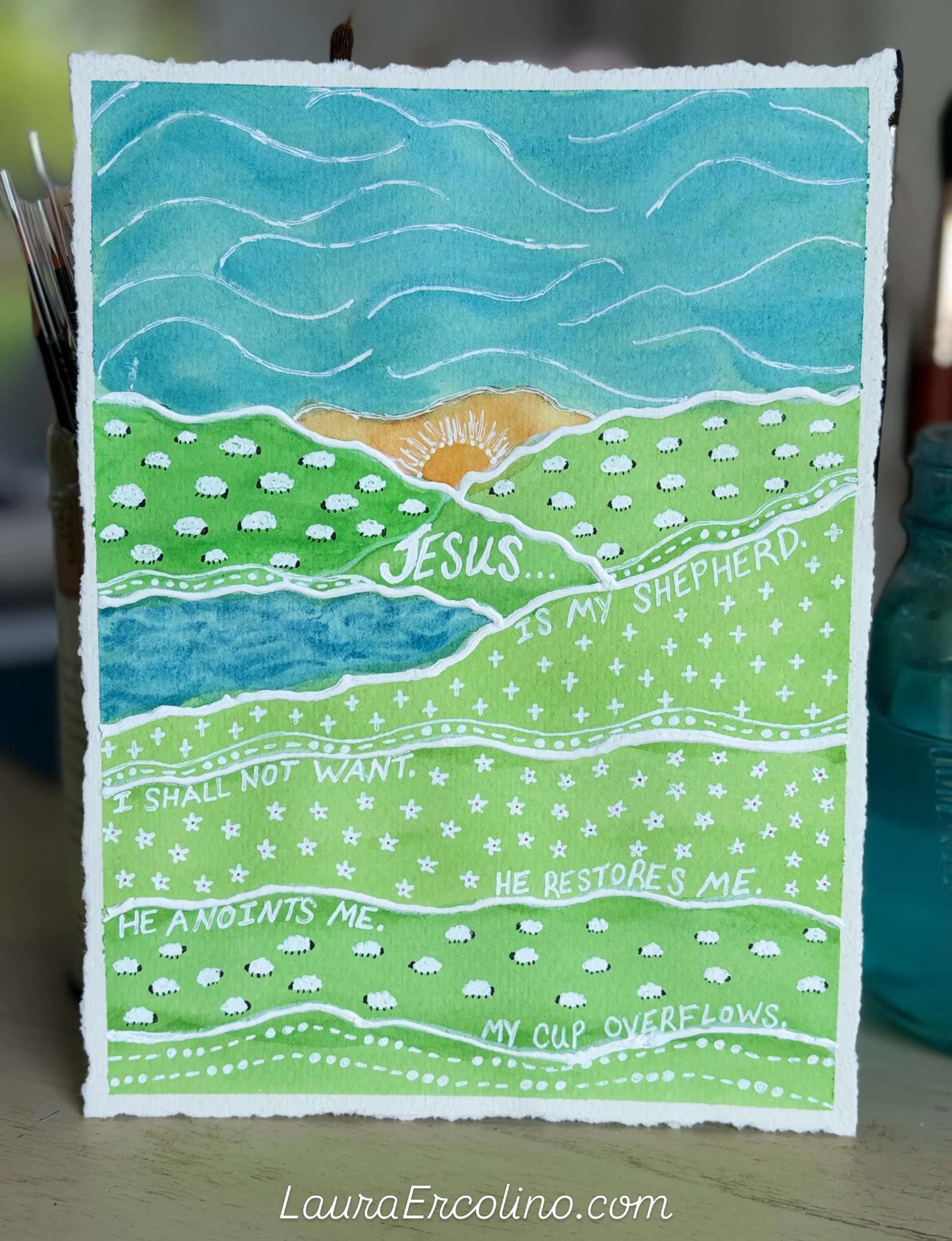 I am taking a deep dive into Psalm 23 and the biblical theme of resting in the Lord. This is the first of what I hope will be many creative meditations.

The Lord is my shepherd, 
I shall not want.
He makes me lie down in green pastures;
he leads me 