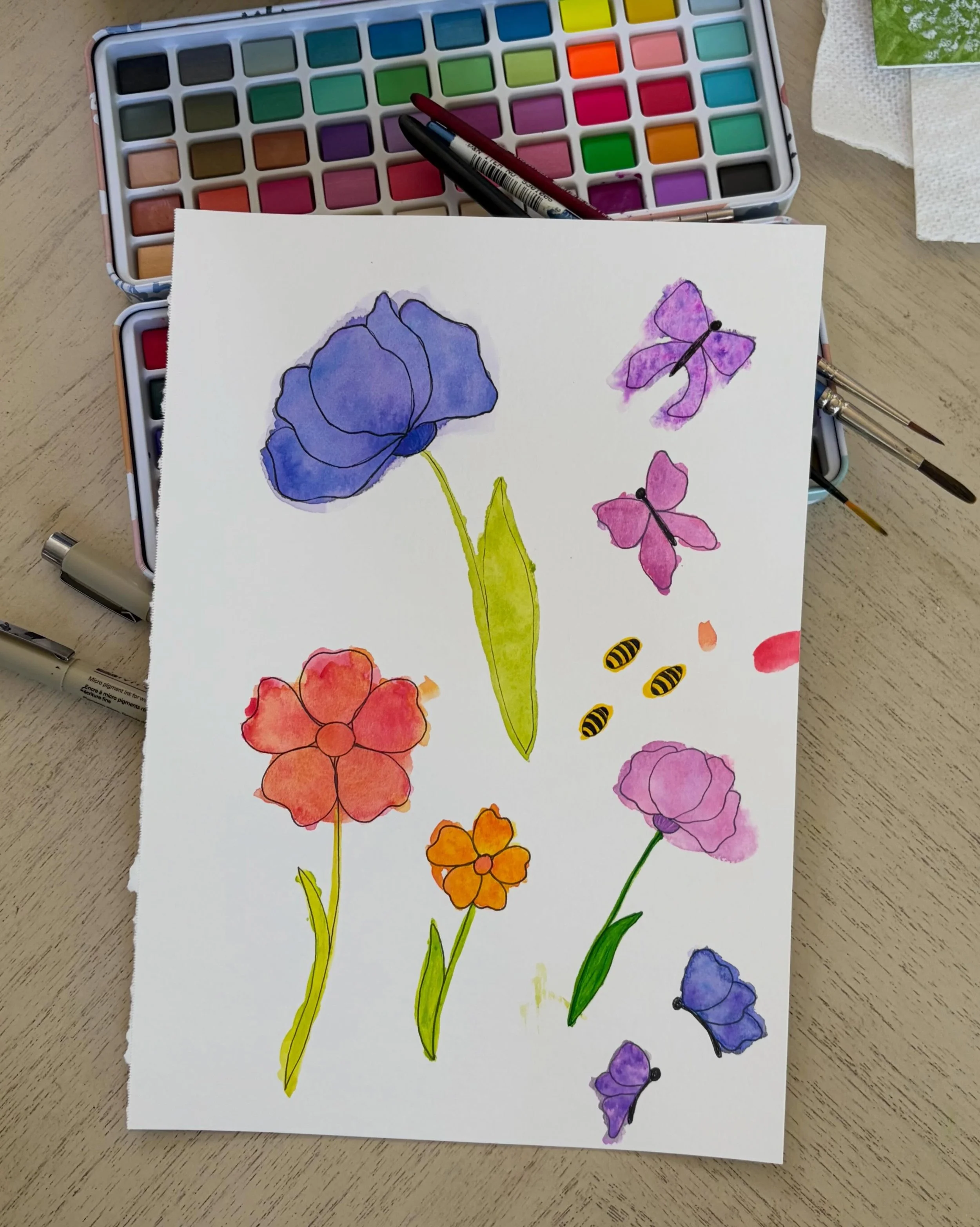 My granddaughters and I had fun &ldquo;tie-dye&rdquo; painting flowers, bees, and butterflies for watercolor collages that we will make later today.

This was a fun and relaxing way to begin teaching them about how the paint and water interact. And i