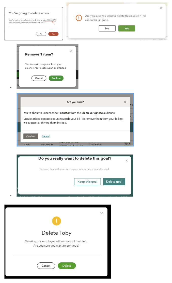 Screenshots of confirmation modals from Intuit products