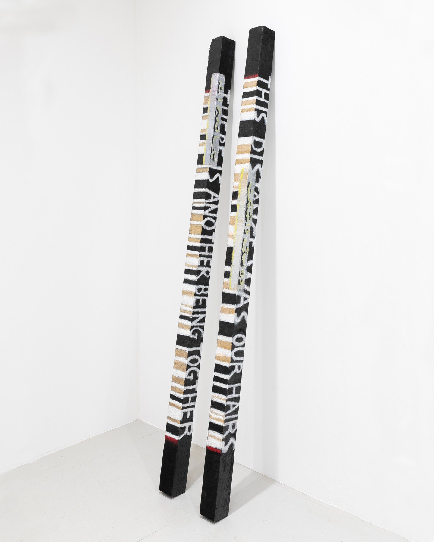 to my siblings I &amp; II (2024) 

Paraffin wax, charcoal, oil pastels and on incised timber fence posts, 7.5 x 7.5 x 180 cm (each)

💫Photography courtesy of @agnesesanvito 

&quot;دوستی داشتن؛ بی&zwnj;صبرانه.&quot;