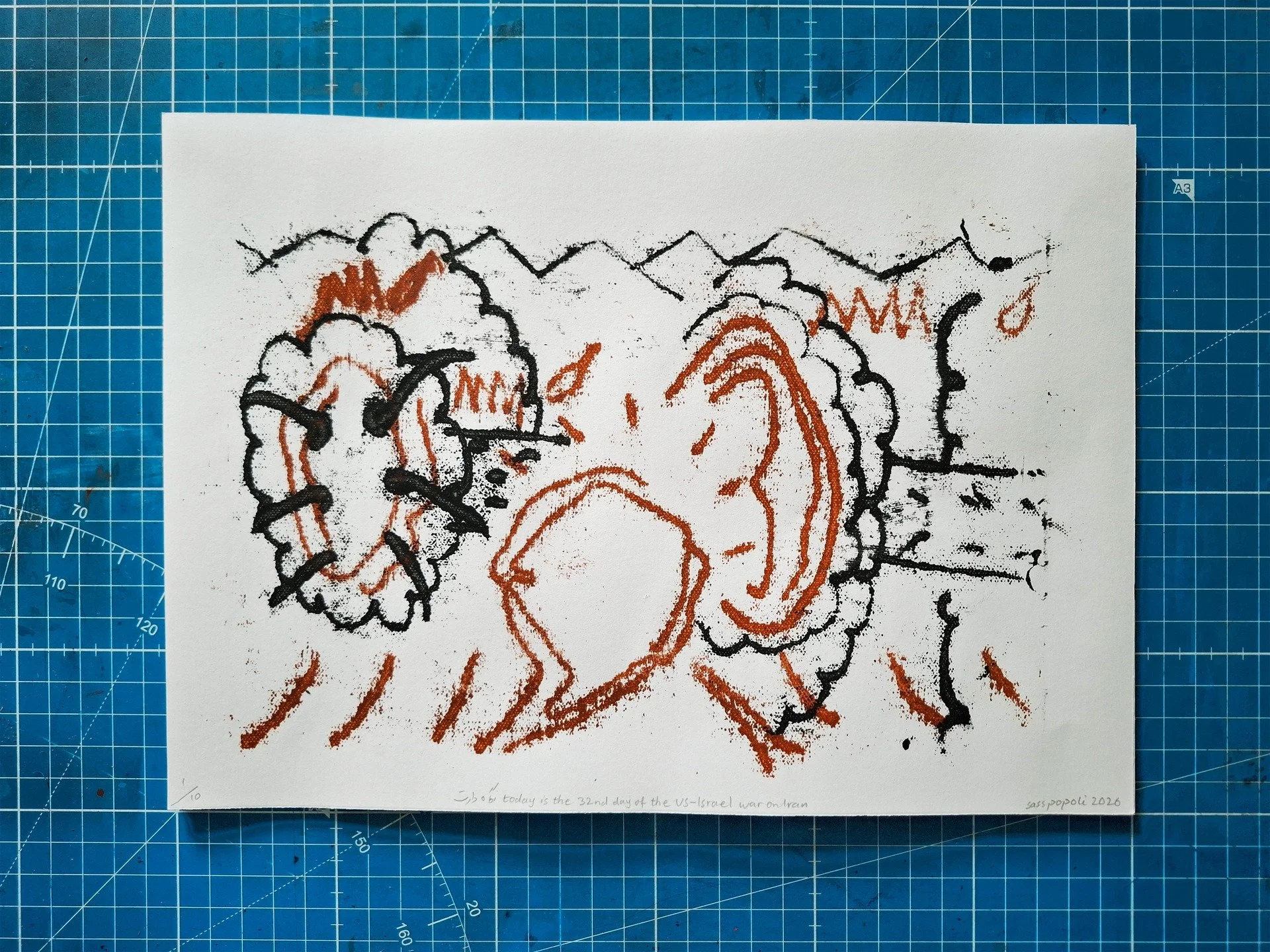 آوندگاه - today is the 32nd day of the US-Israel war on Iran (2026)

monoprint on paper
297 &times; 210 mm
edition of 10

&pound;10 each

DM me to purchase