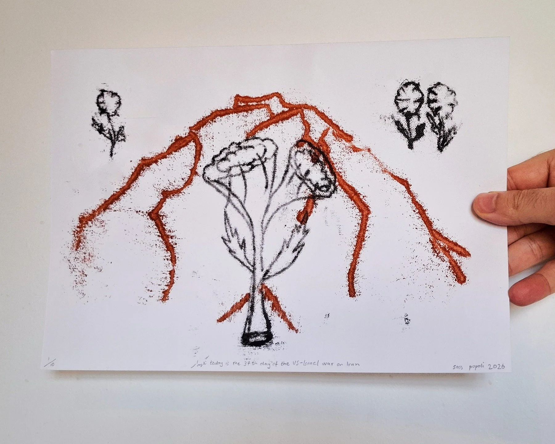 نگهدار - today is the 37th day of the US-Israel war on Iran (2026)

monoprint on paper
297 &times; 210 mm

edition of 10.
&pound;10 each

dm more for purchase.
4d