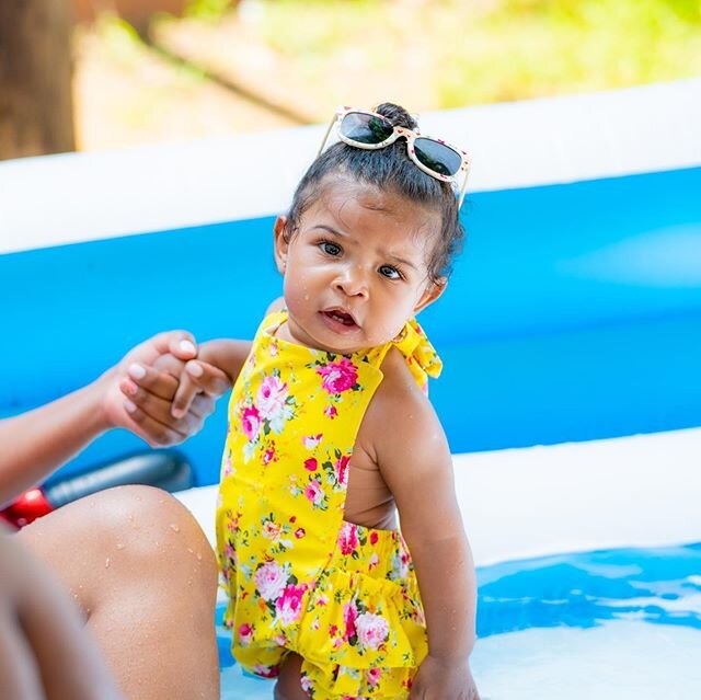 Pool out all the way, making the best of the sun, and heat. ☀️ 🥵 😊 #BabyTLovingTheWater