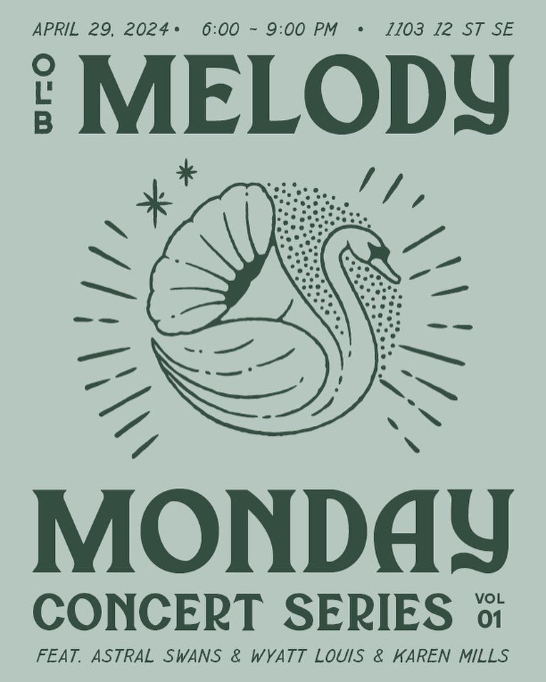 MONDAY&hellip;

Join us for a very special kick off to our Melody Monday Concert Series coming up this Monday, April 29th. 

Featuring three amazing artists: @astralswans - @wyattclouis - and Karen Mills! 

All ages welcome and it&rsquo;s absolutely 