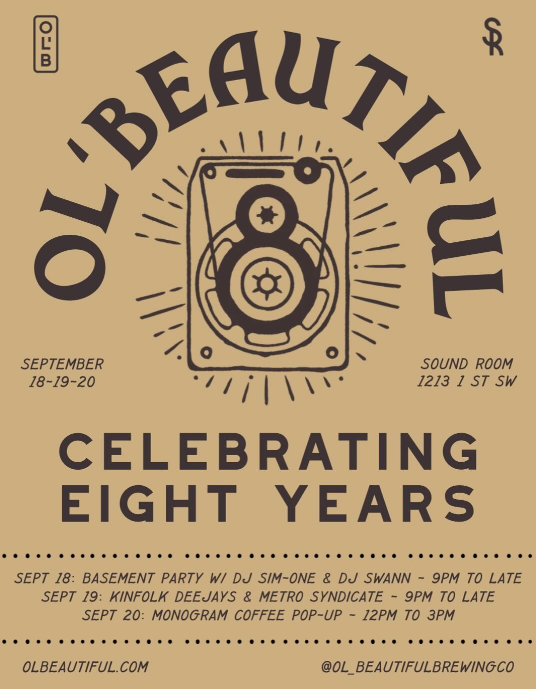 OL&rsquo;B TURNS 8 

Eight years of beer, great people, late nights, sunny patios, a couple curveballs, and yet, here we are!

We&rsquo;ve got a full weekend lined up at Sound Room, and we&rsquo;d really love for you to join us&hellip;

FRIDAY, SEPT 