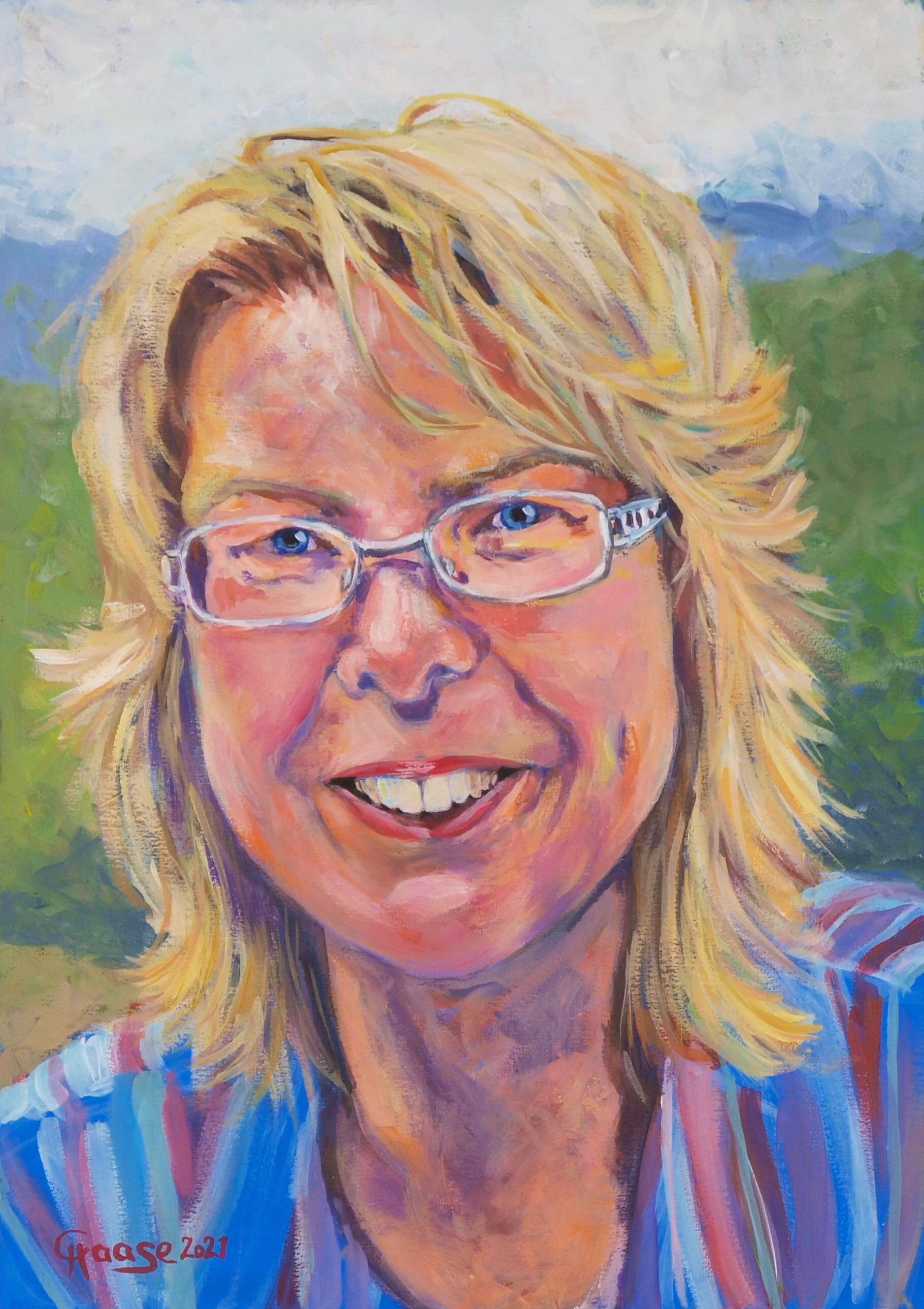 Selbstportrait mit bunter Bluse