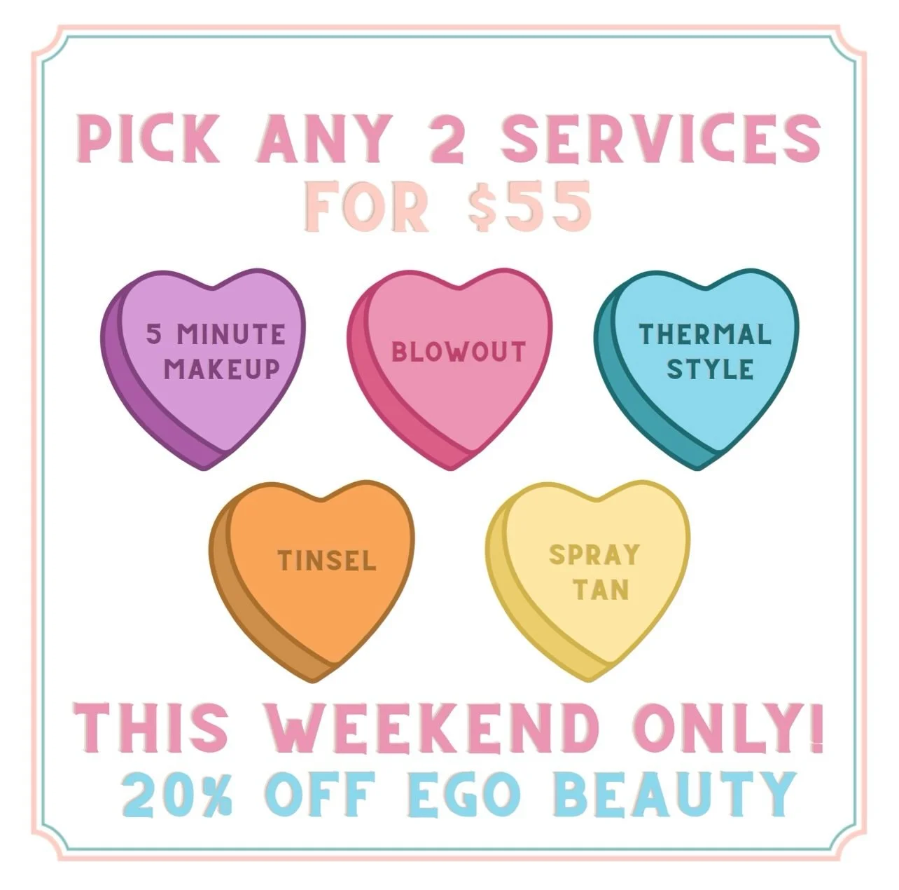 This Galantine&rsquo;s weekend only! Feb 5 - 7th Enjoy a gift from Cupid 🏹❤️ 20% off EGO | Beauty products💄 

Pick 2 services below just for $55👇🏼
&bull; Thermal Style
&bull; SprayTan
&bull; Tinsel
&bull; 5 Minute Makeup
&bull; Blowout

#egosalon