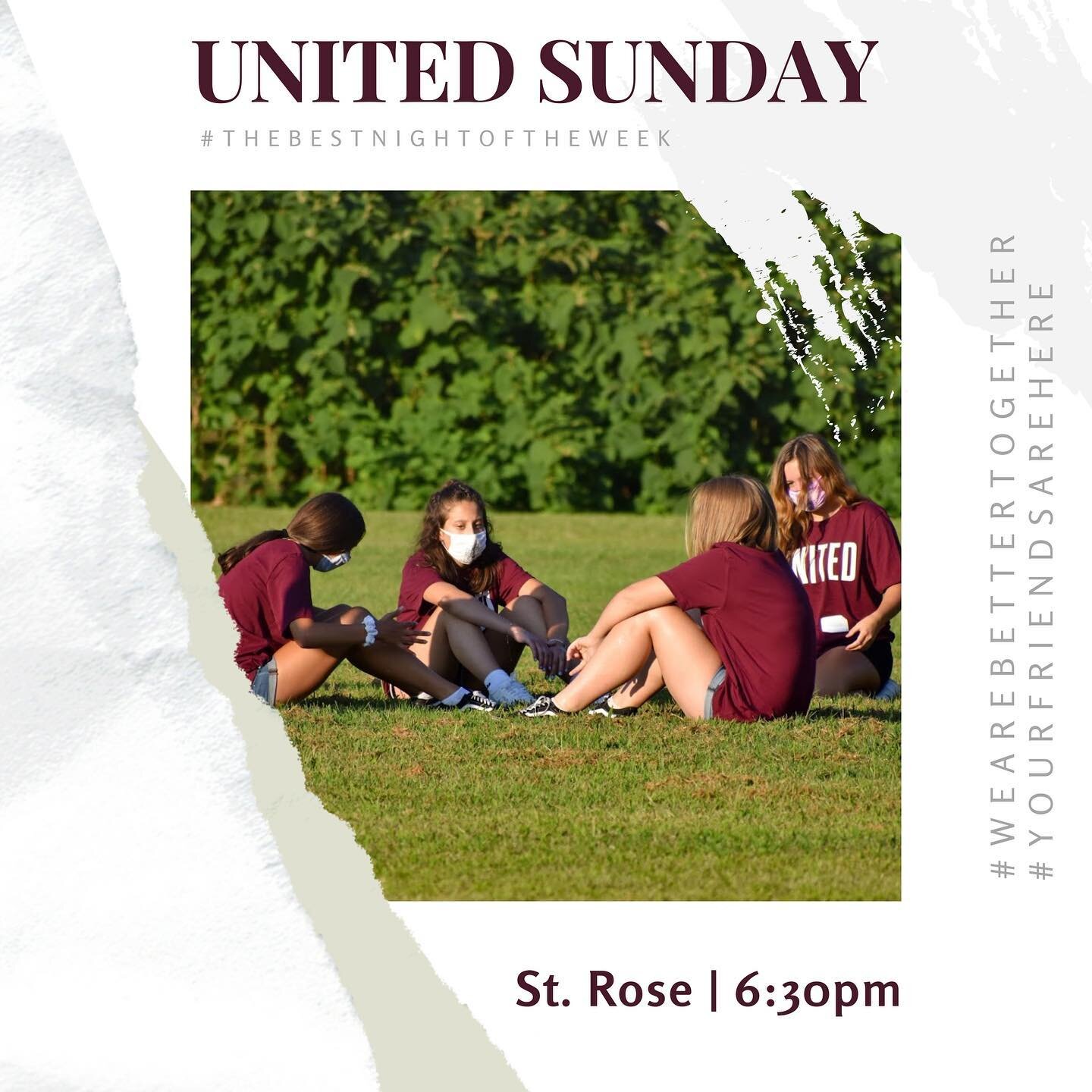 💥💥💥
United Sunday tonight!

Meet in the field at 6:30 bring a chair, a mask, and a friend!

#thebestnightoftheweek
#wearebettertogeher 
#yourfriendsarehere