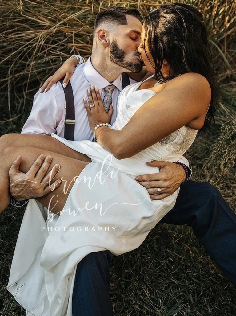 Sensuous Just Married Kiss in the tall grass at The Catlett Farm NC