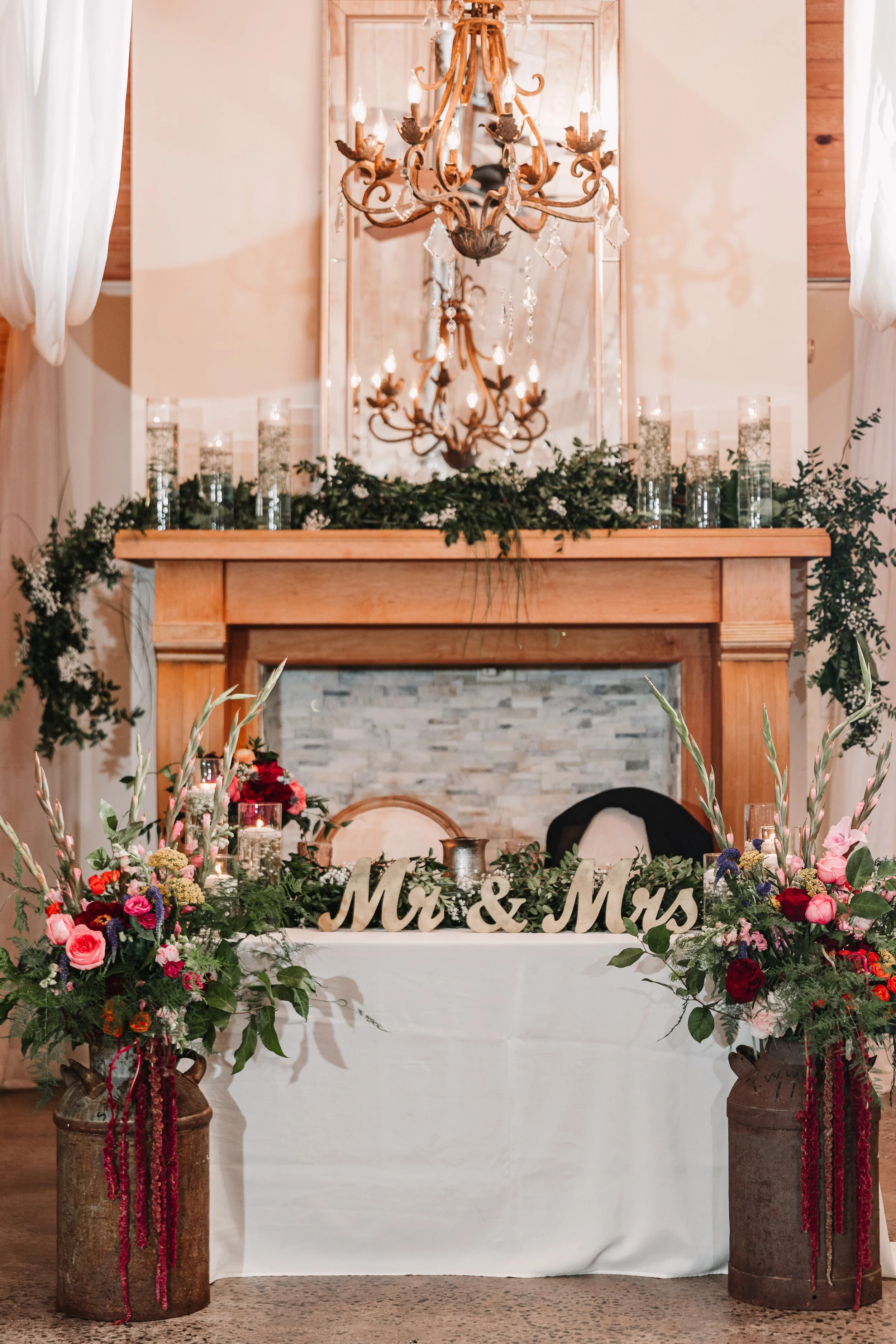 Rustic Luxe Sweetheart Table With Fireplace Mantle/Mirror at The Catlett Farm