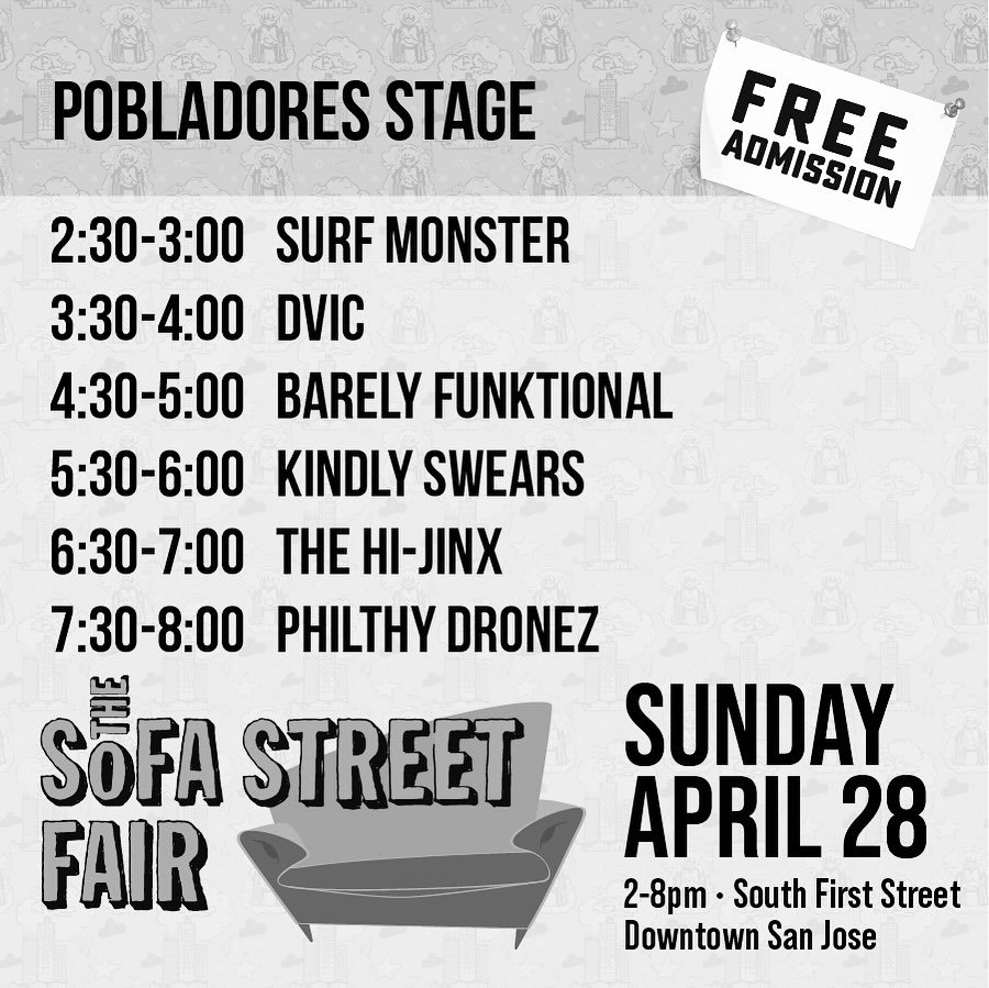 San Jose! Today! ☠️

SoFA Street Fair SPRING Edition

April 28th 3:30pm at Pobladores Stage:
Douglas Von Irvin&rsquo;s Carnival returns to The Sofa Street Fair!

Members of Average Jill performing with DVIC
Surf Monster = 2:30pm

#sanjosescene #rockm