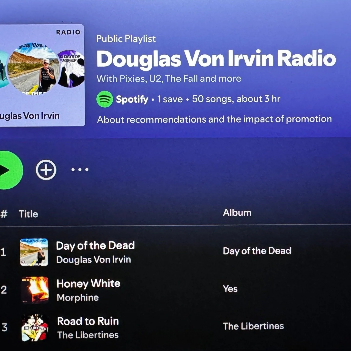 Happy Weekend!
Check out Douglas Von Irvin Radio on Spotify.
Cool stuff from the Pixies, U2, Pulp, Morrissey, Grinderman, and DVI's new song "Day of the Dead"
@mi5recordings.official @michael_molenda 
#music #playlist #roxymusic #grinderman