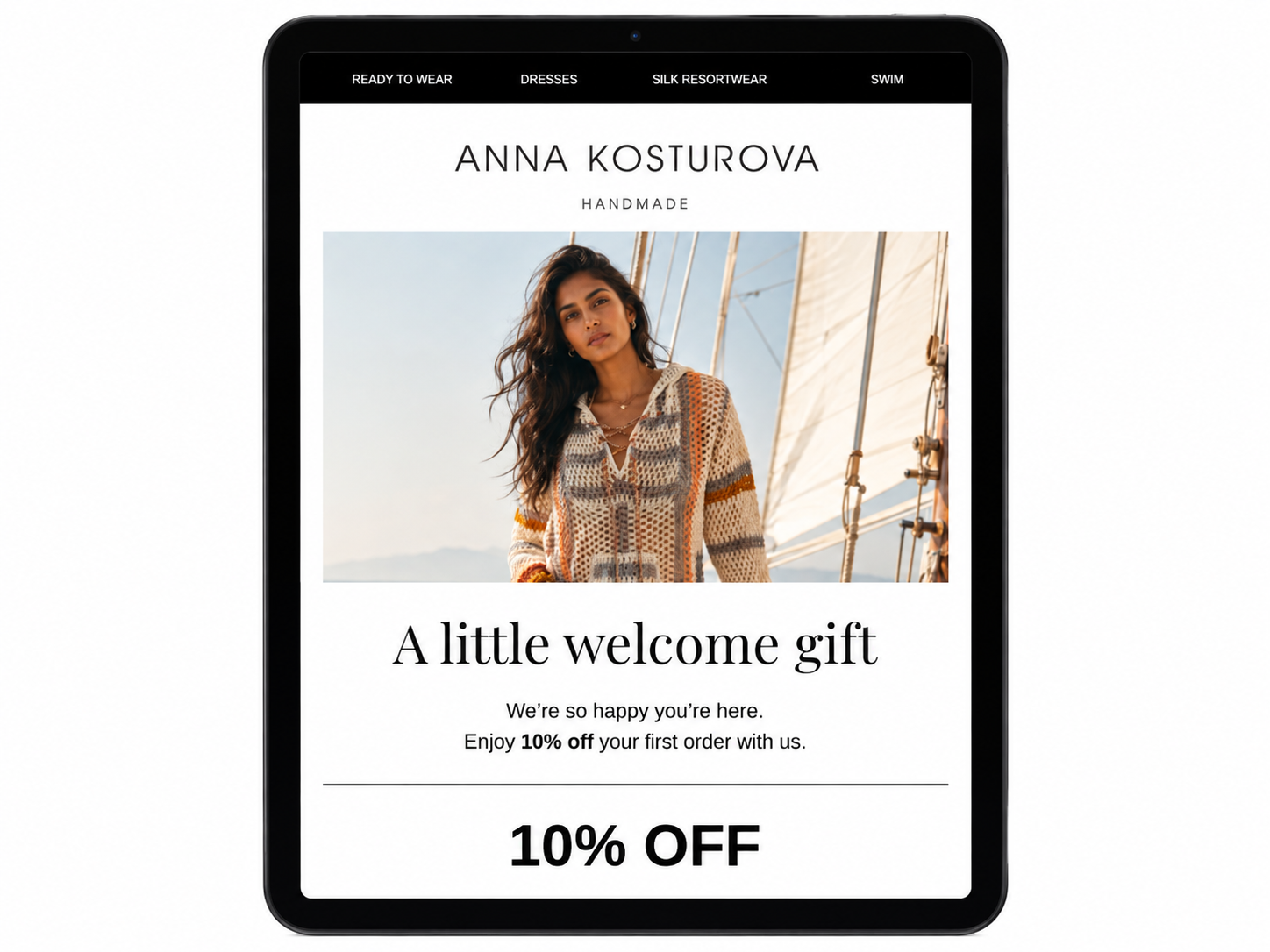 Welcome gift automated email shown on a tablet