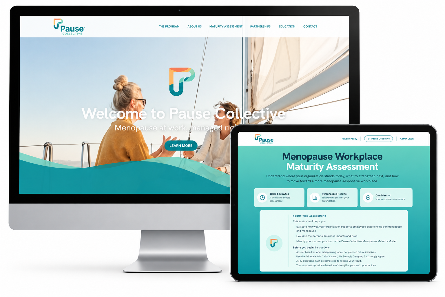 Pause Collective website on a desktop monitor alongside its workplace maturity assessment on a tablet