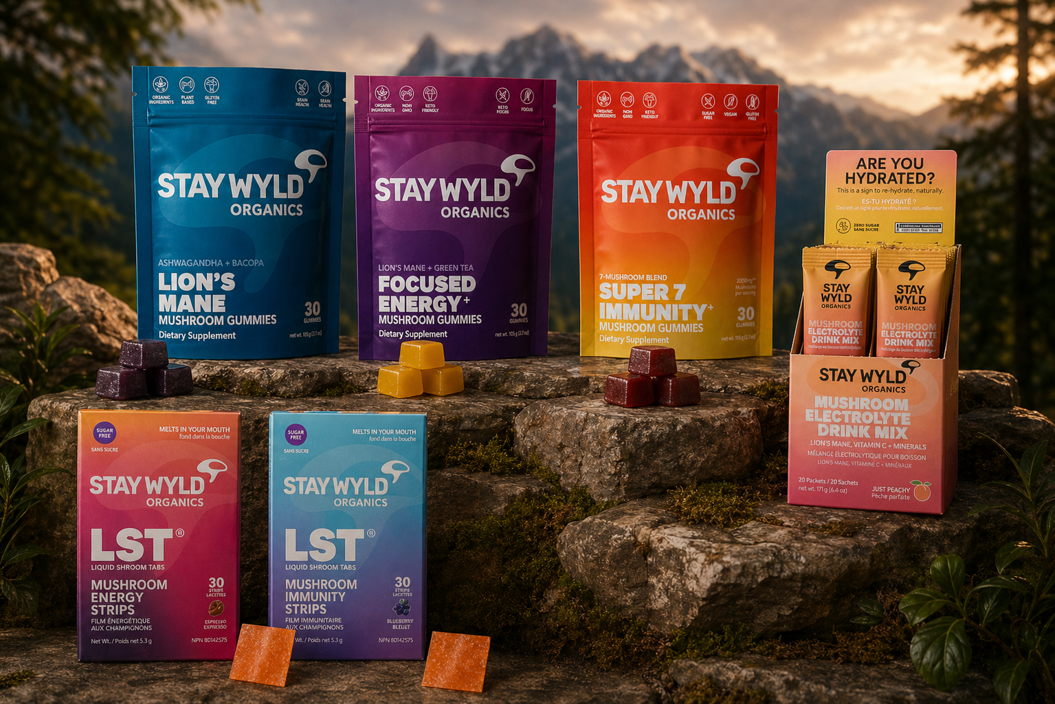 Stay Wyld product family with colour coded gummies, strips and drink mix packaging