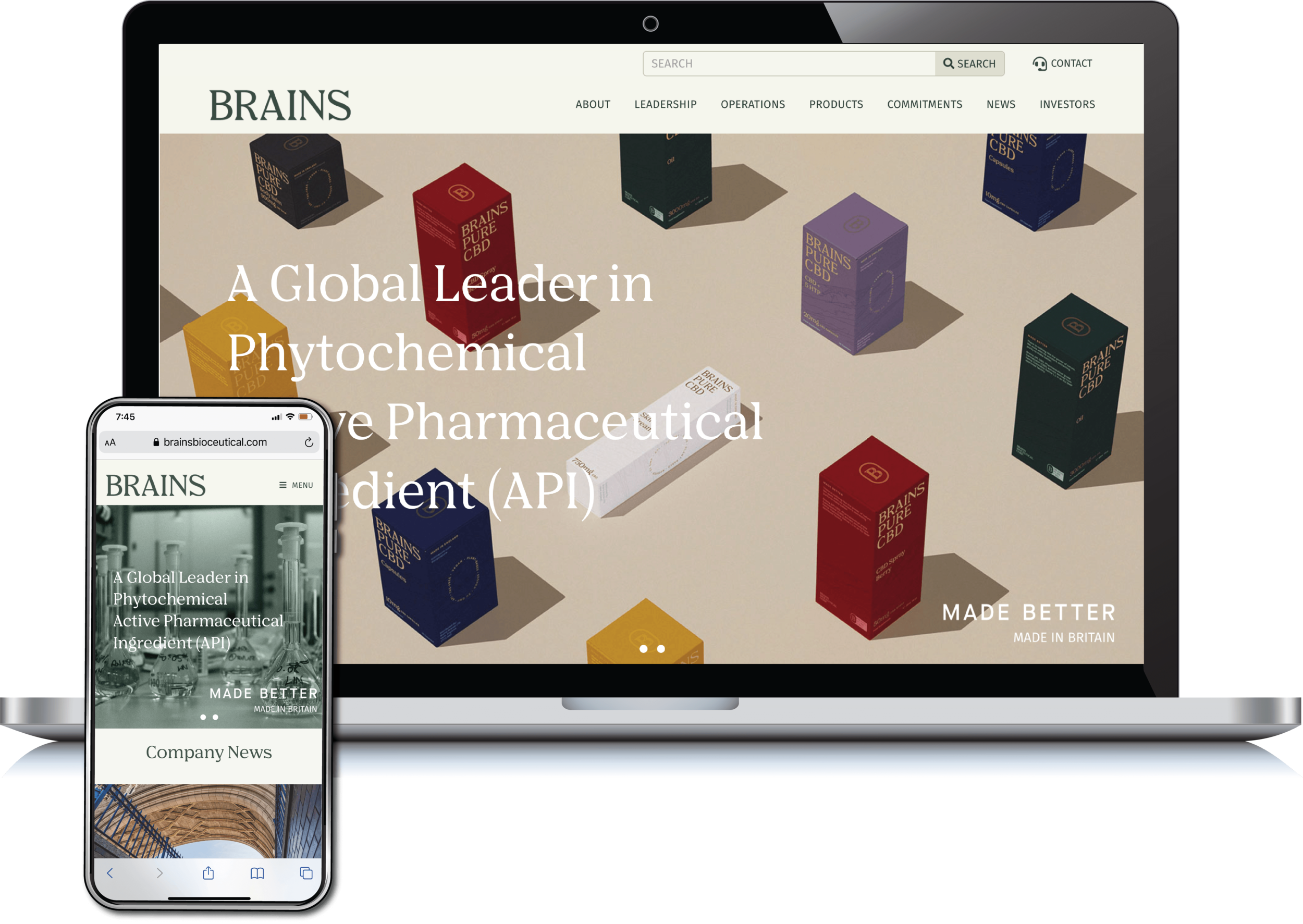 Brains Bioceutical investor website on laptop and mobile