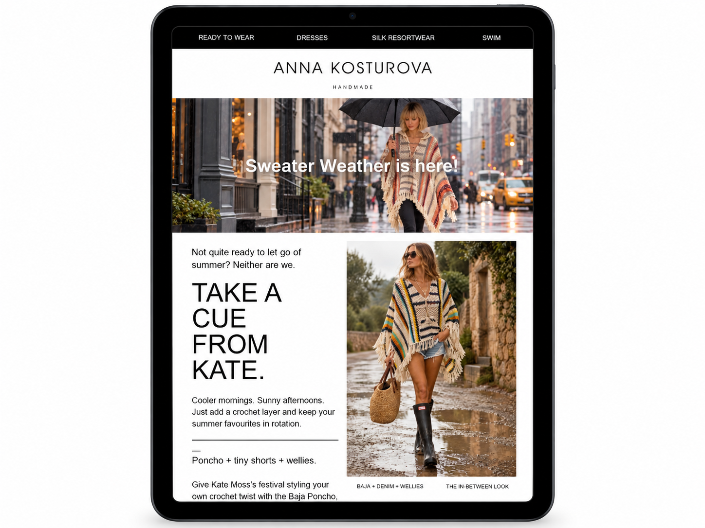 Sweater Weather editorial email shown on a tablet