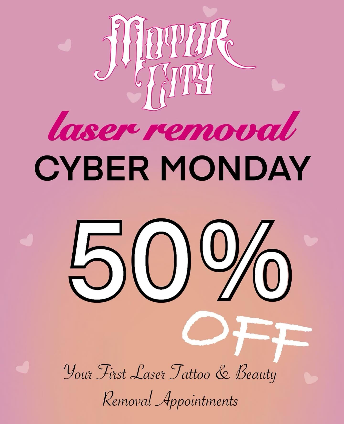CYBER MONDAY SALE!!! 

All laser tattoo removal serivces are 50% off on your first appointment ONLY. 

Start your journey for your unwanted ink at motor city tattoos!!! 

***ONLY ABLE TO BOOK IN FOR THIS DEAL UNTIL DECEMBER 8*** 

📍Oshawa ON
📧 moto