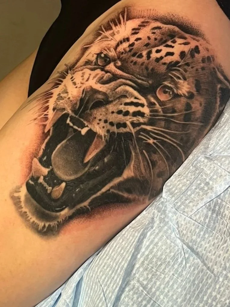 Black & grey realism tiger tattoo with bold contrast and smooth shading.