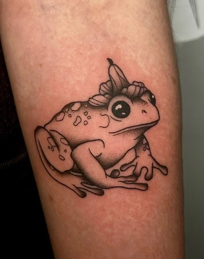 Fine line frog tattoo by Hailey, welcoming tattoo clients from Oshawa, Courtice, Bowmanville and Durham Region.