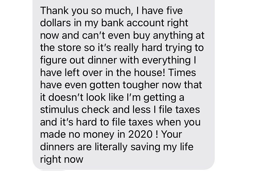 These are the type of heartbreaking messages we receive at Sierra Relief Kitchen.
Each dollar donated powers our network of food service workers &amp; volunteers, who continue to make an impact in the local community.
Reminder: Meal assistance is now