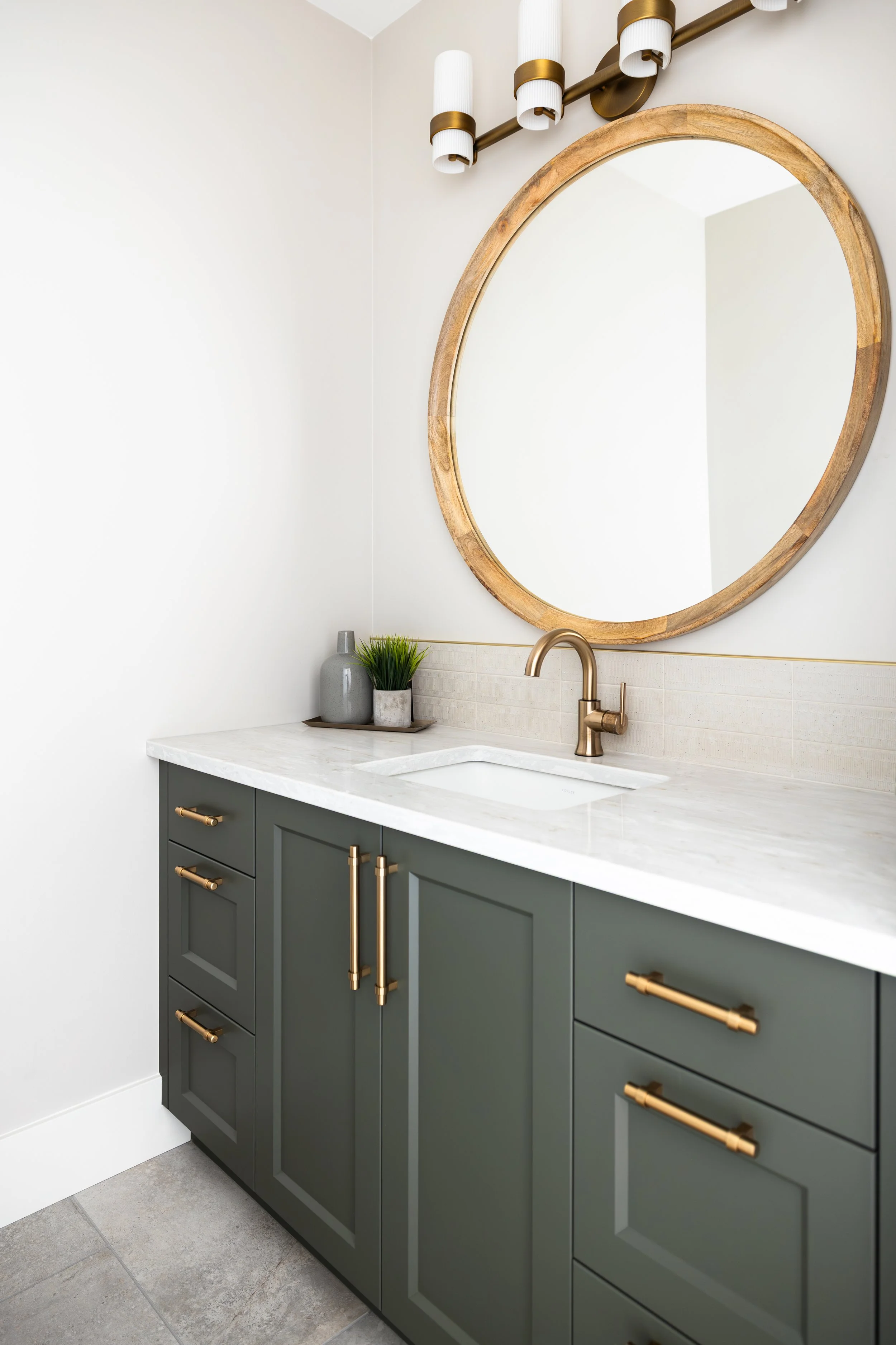 Half Bath Vanity  Painted Dark Olive with Brass accents.