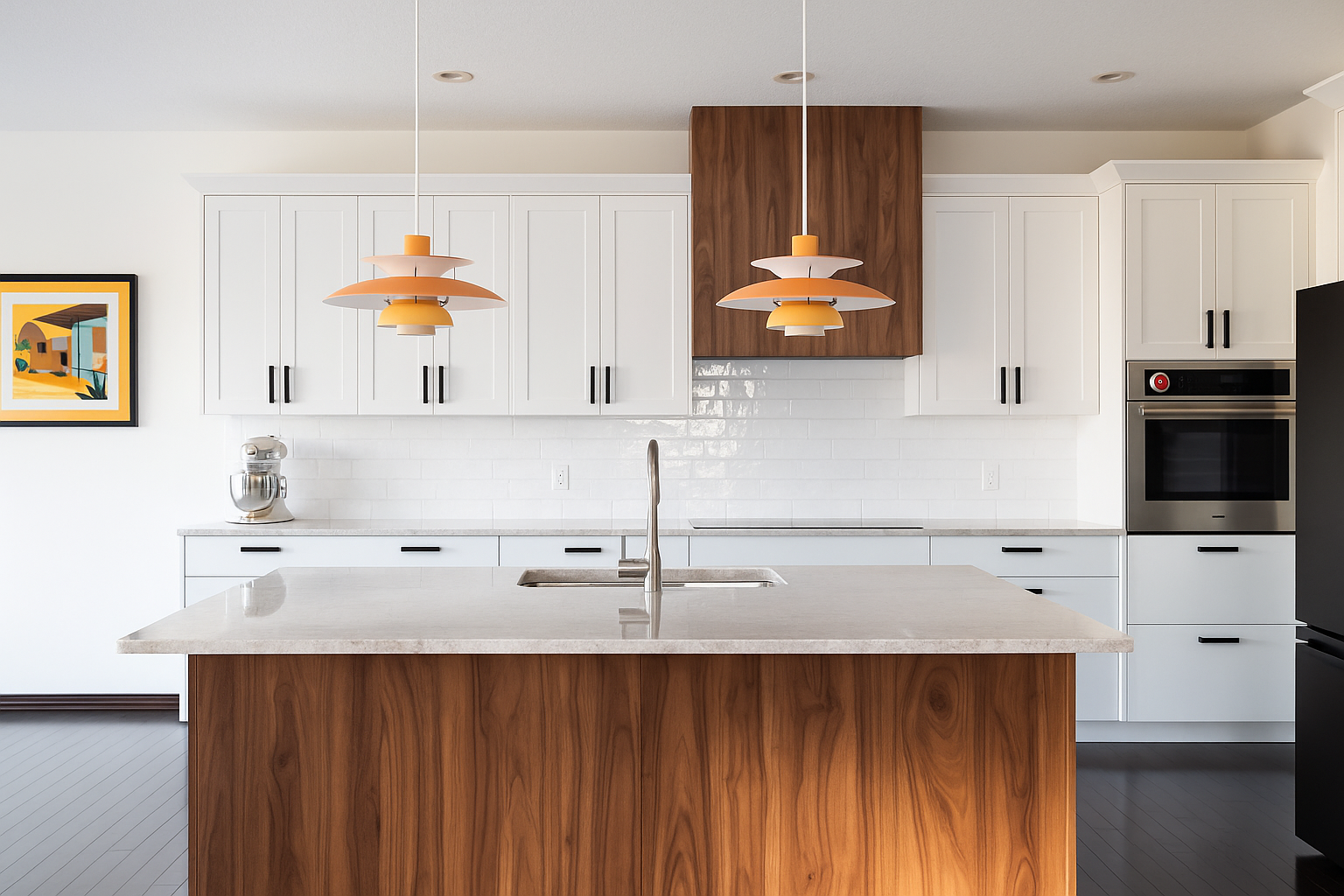 Modern kitchen with white cabinets, a wooden kitchen island with a marble countertop, and two pendant lights with orange, white, and yellow shades. There is a framed colorful artwork on the wall to the left and a built-in oven on the right side.
