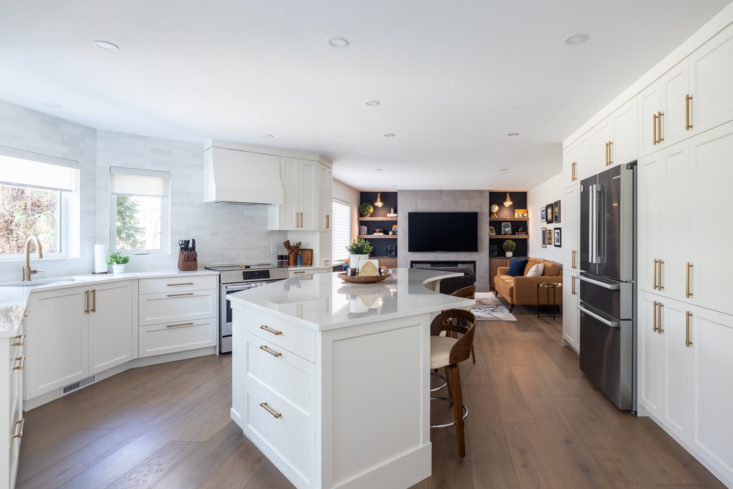 Renovated Kitchen- View from the Nook. MDF Painted Cabinets in White Dove
