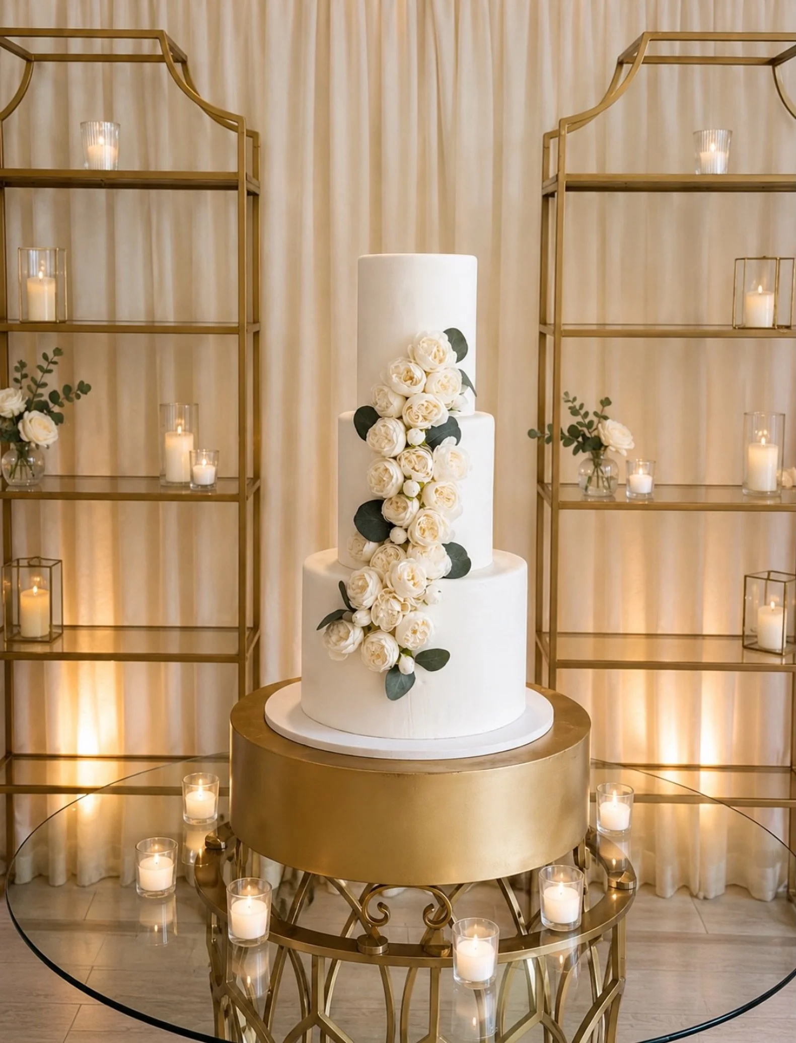 A wedding cake so stunning it doubles as d&eacute;cor ✨🤍

Soft candlelight, cascading blooms, and timeless elegance from every angle. This is the kind of centerpiece your guests will be talking about long after the last dance. 

Bakery | @justeatmes