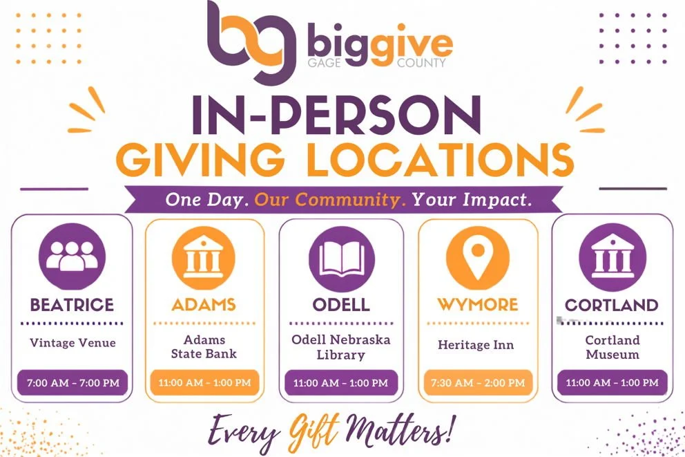 Image depicting the locations where you can donate in-person the day of the Big Give Gage event, including Beatrice, Adams, Odell, Wymore, and Cortland.