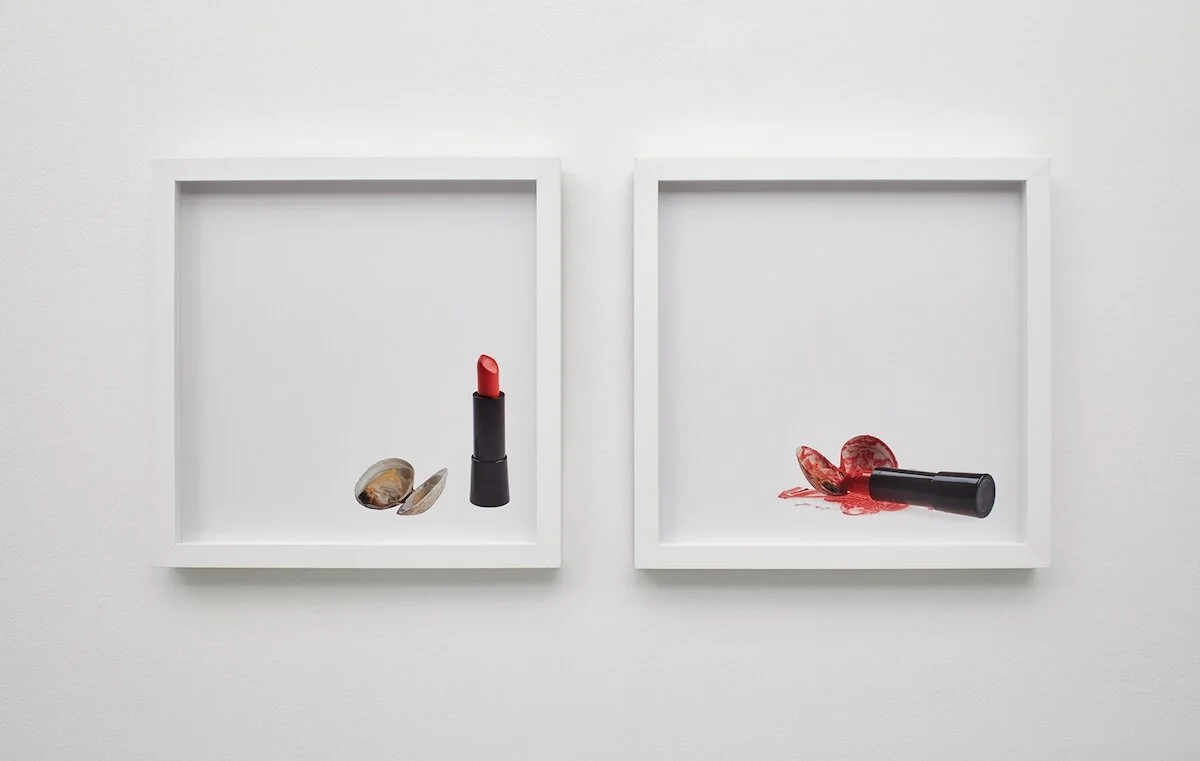clam and lipstick, lipstick slathers clam, Bettina Hubby, 2015. Archival pigment print, 13 x 13 inches (framed, each). Edition of 3. BH2454