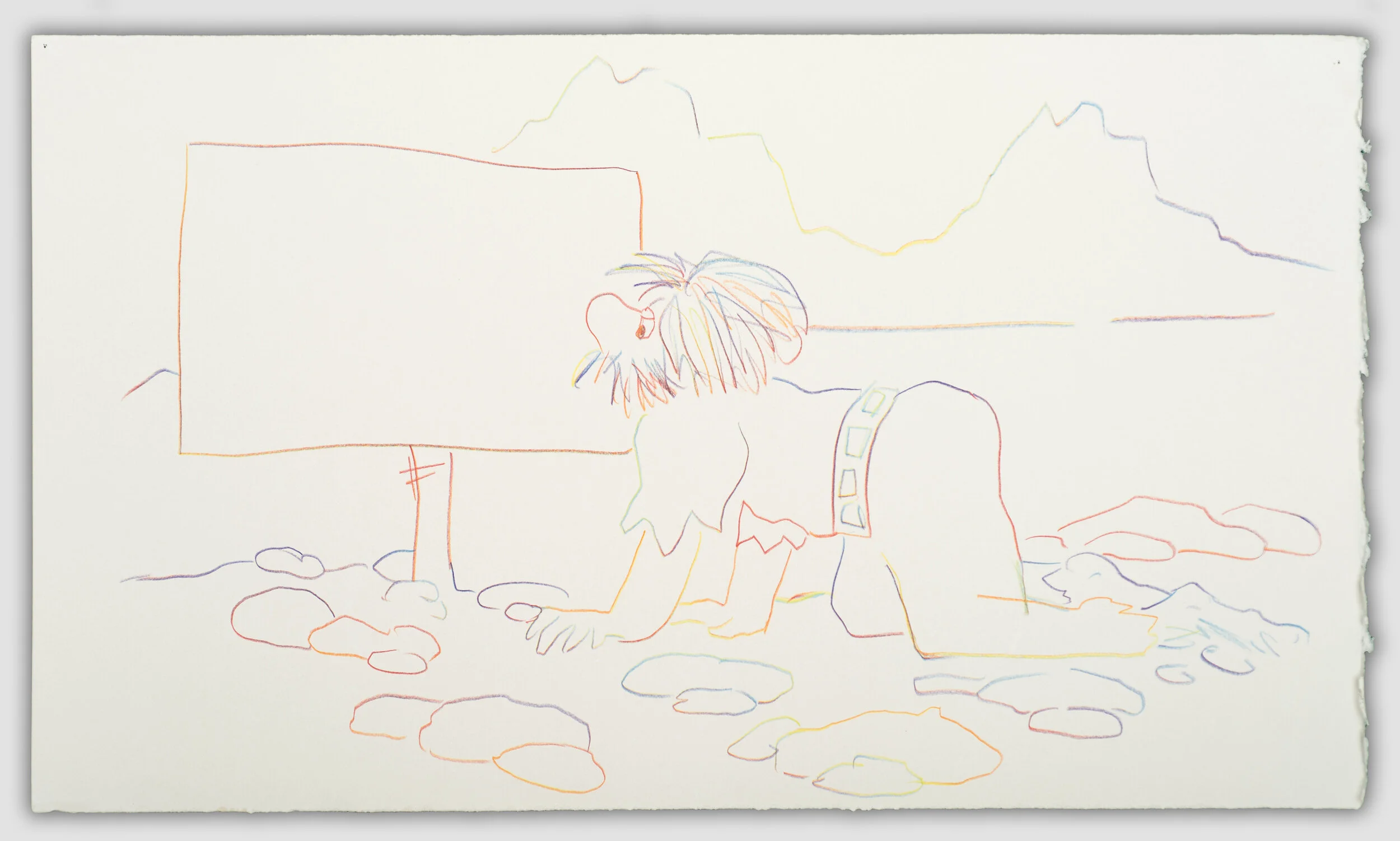 Confrontational sign, Bettina Hubby, 2018. Rainbow pencil on gray Magnani Pescia paper, 13 x 22 inches. BH2821