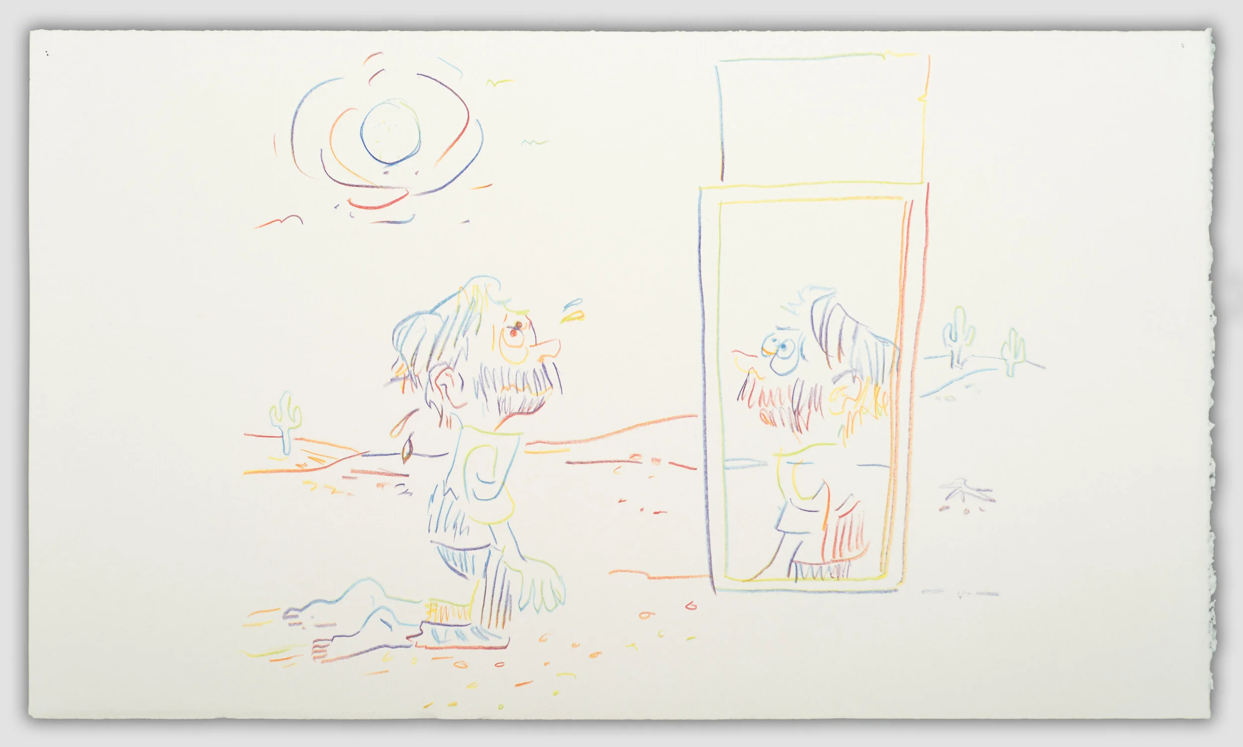 Reflective sign, Bettina Hubby, 2018. Rainbow pencil on gray Magnani Pescia paper, 13 x 22 inches. BH2826