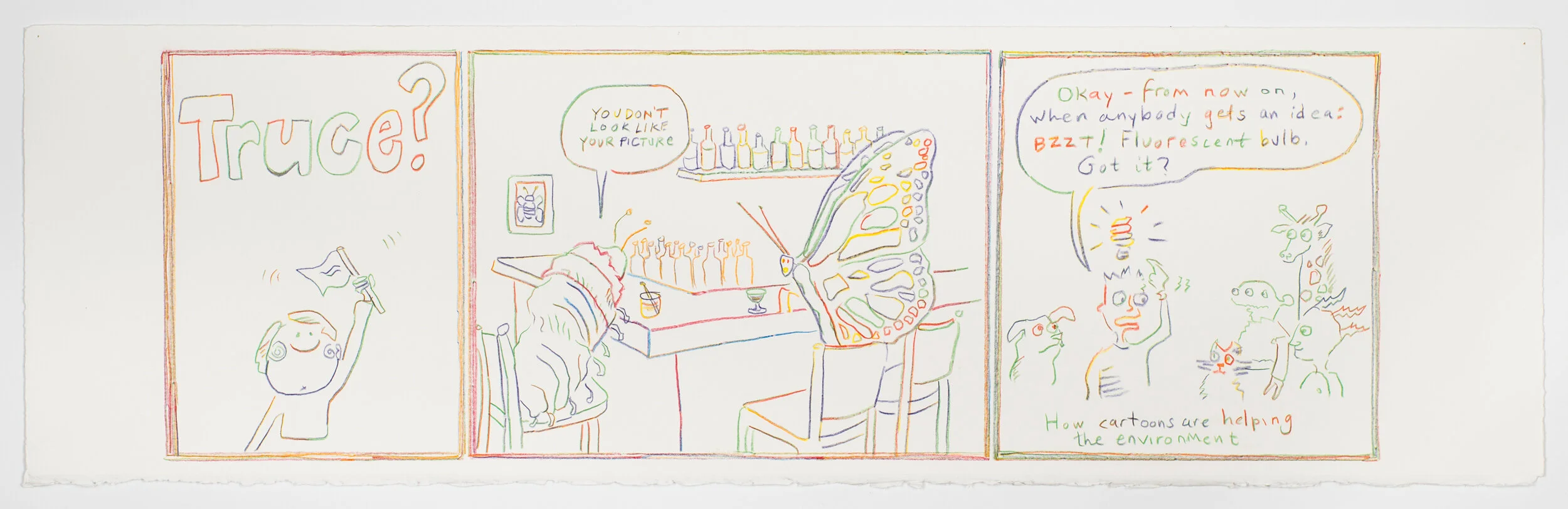 Truce?, Bettina Hubby, 2021. Rainbow colored pencil on cotton rag paper, 9 x 29.5 inches. BH0581