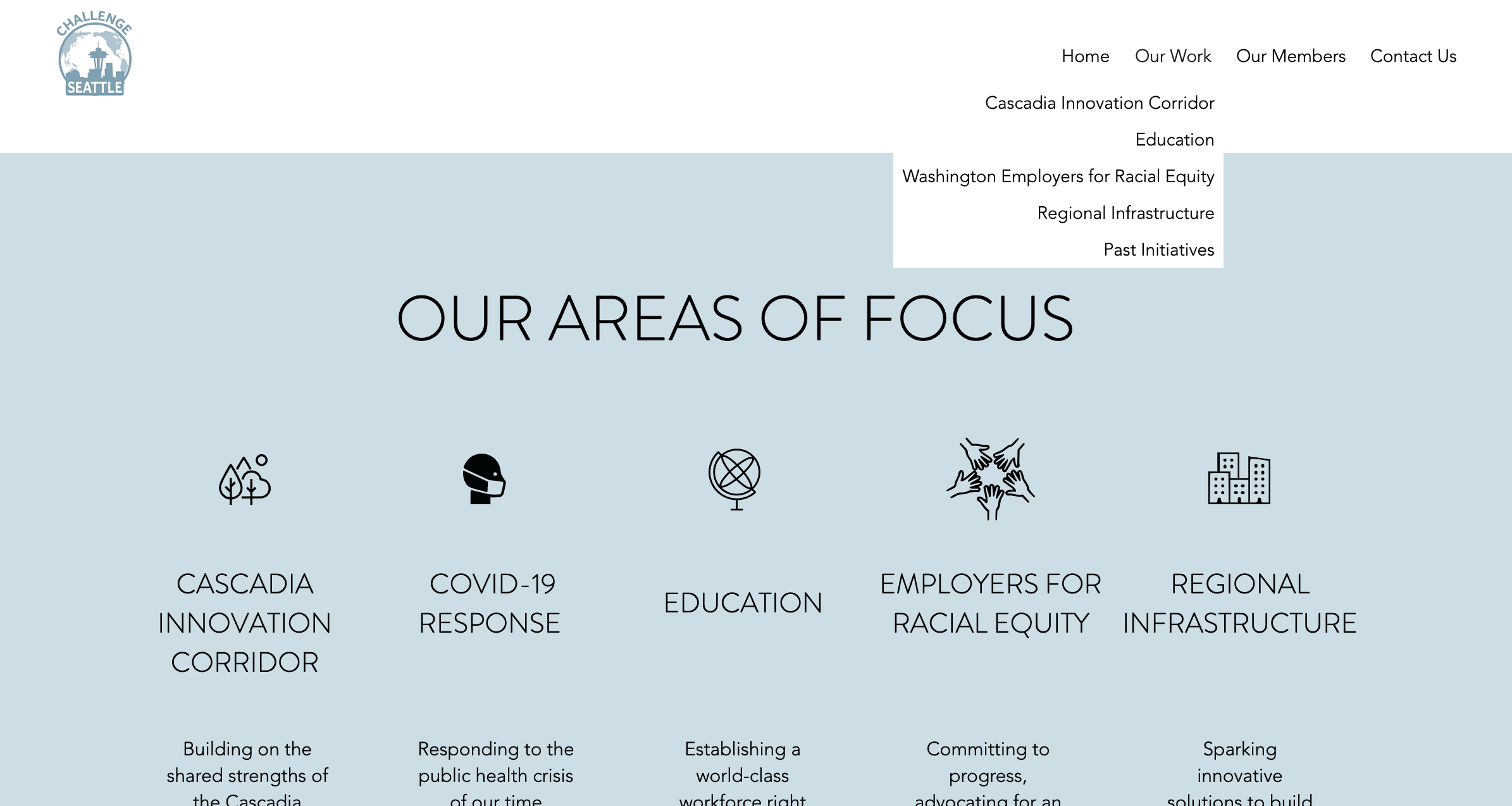 In this section, I added pages to the navigation that were previously inaccessible from the main nav. I also added new icons and rearranged the presentation of areas of focus.