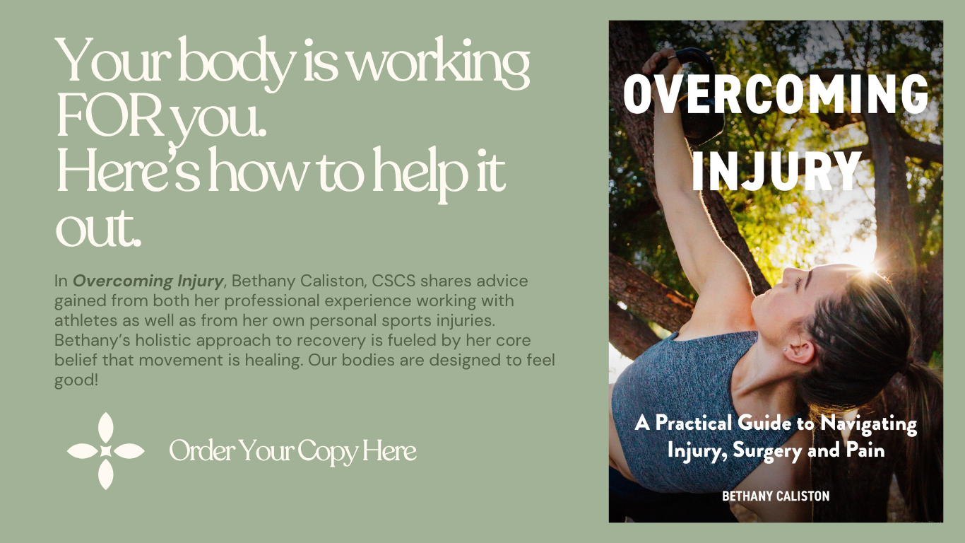 Image of front cover of Overcoming Injury Book. It depicts a woman doing a kettlebell exercise surrounded by trees