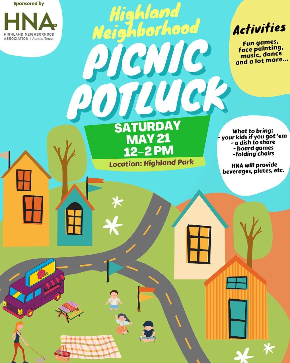 Join us May 21st at noon for our neighborhood picnic potluck! 🍕🥤🍔🍓🍌🌮