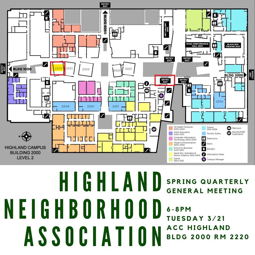 Hey neighbors! Please join us at ACC Highland for our next neighborhood meeting on 3/21. We'll also livestream the meeting on Zoom for folks who can't attend in person -- head over to highlandneighborhood.org for a link!
