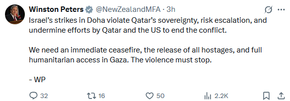 Can someone tell Winston Peters it's OK to condemn Israel bombing Qatar?