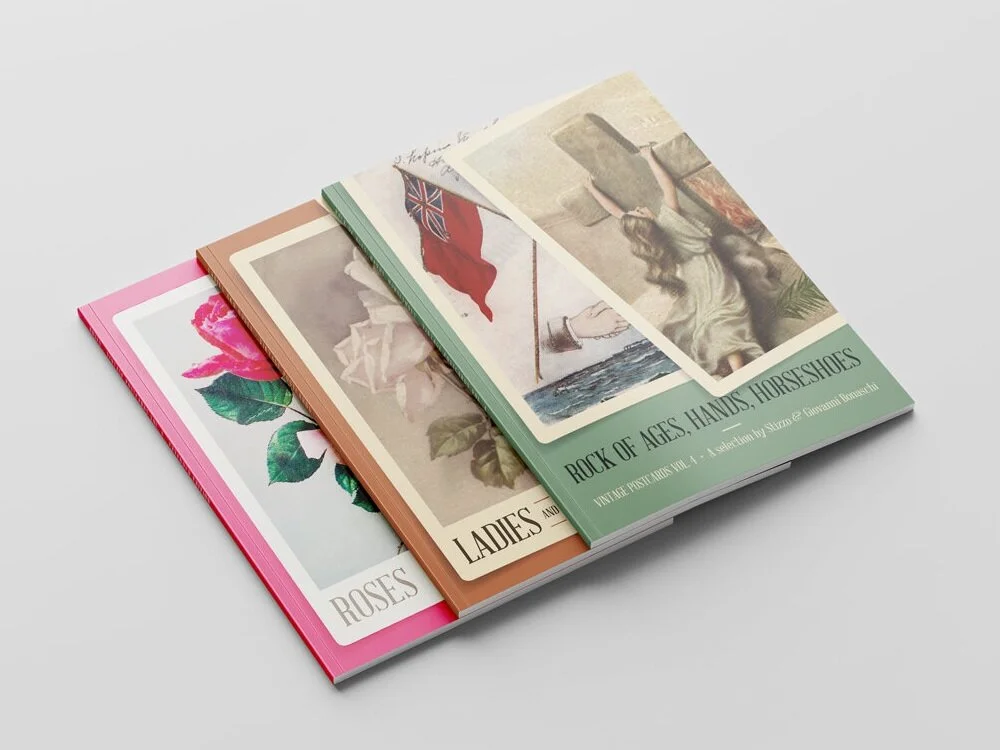 “Vintage Postcards” - Series of books, soft-cover, perfect binding. A collection of old postcards that could be used as a reference for tattooers. Work done for Stizzo