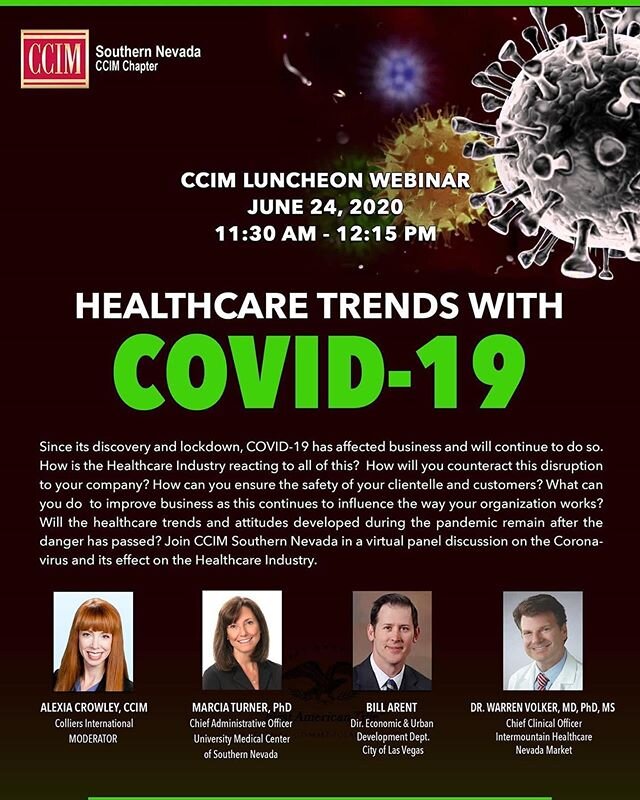 Join us for the complimentary webinar on  #HealthcareTrends with COVID-19 on Wed., June 24, hosted by the @SNCCIM. Register here: bit.ly/2XWc5M0 #webinar #healthcare #CCIM featuring:

Moderator:
Alexia Barton Crowley, #CCIM, 
@Colliers_LV 
Panelists: